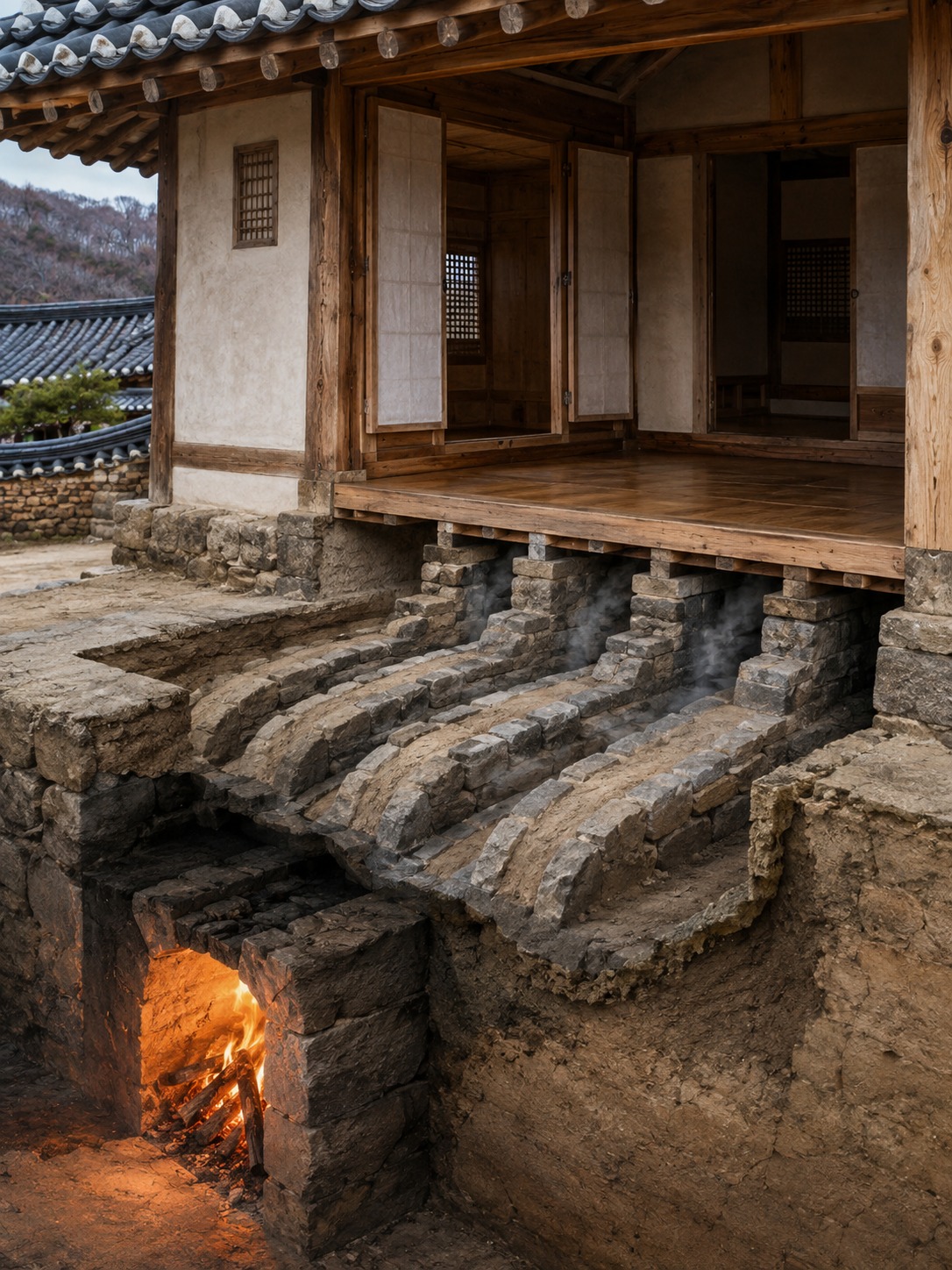 Cutaway view of a hanok ondol heating system with stone flues beneath the floor.