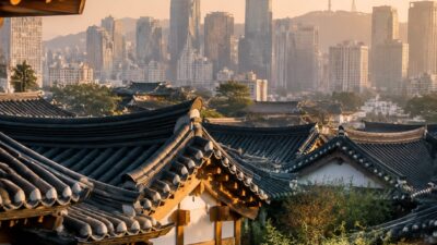 Traditional hanok roof in the foreground with Seoul glass towers in the distance.
