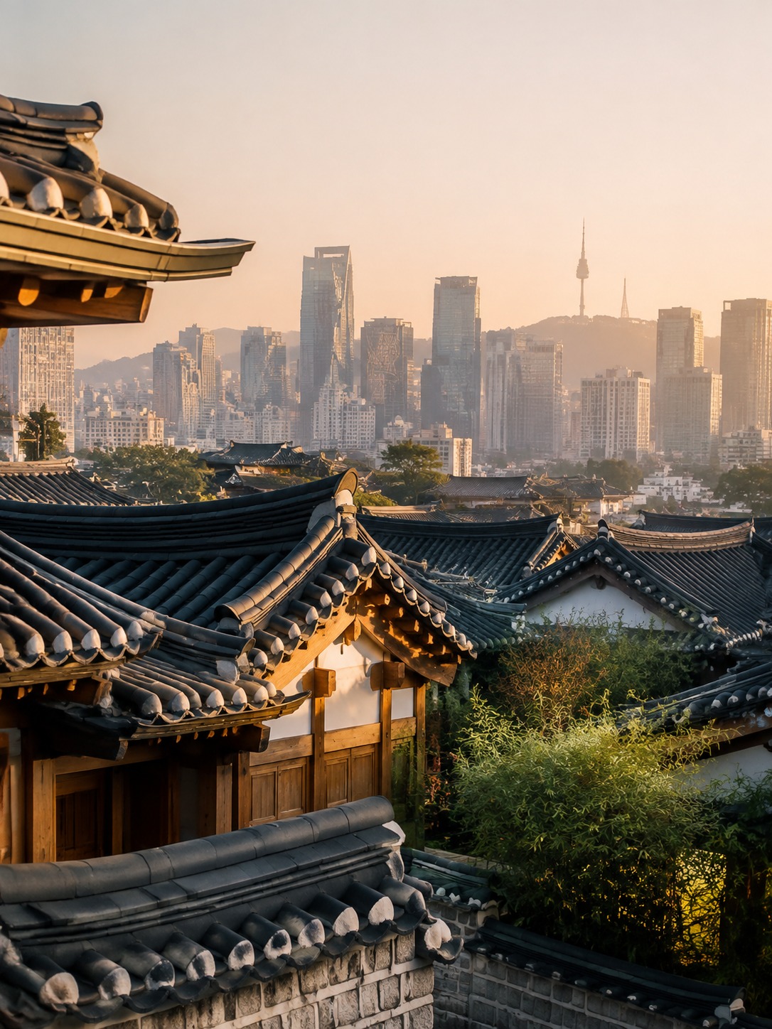 Traditional hanok roof in the foreground with Seoul glass towers in the distance.