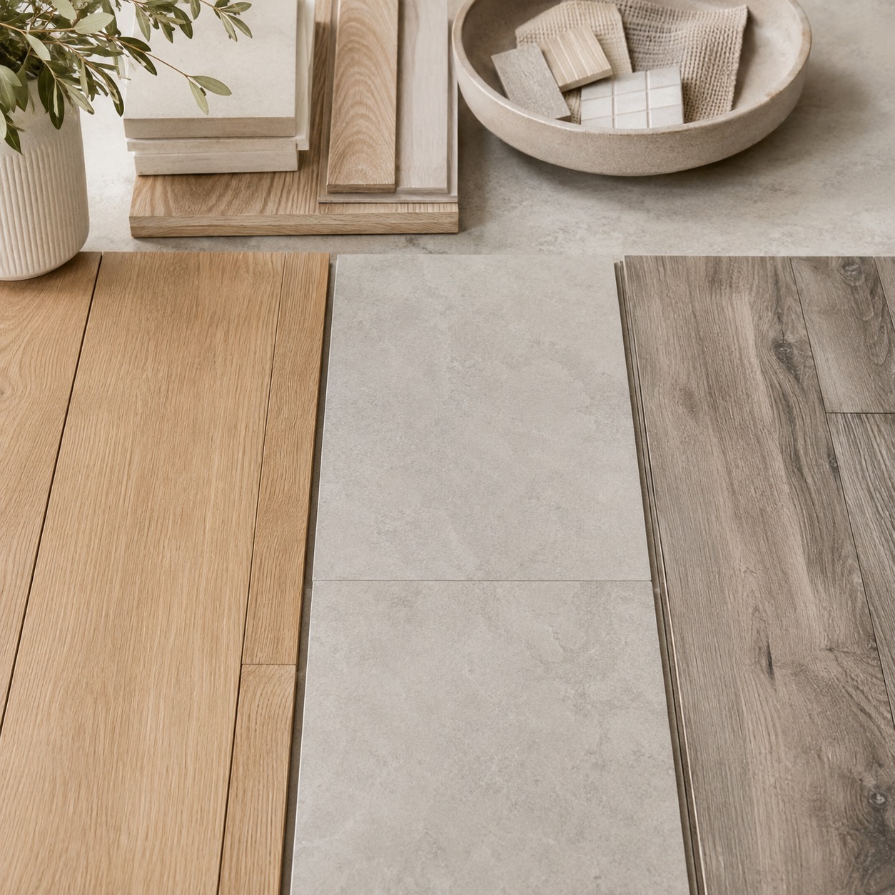 Hardwood Porcelain and Luxury Vinyl Samples Hardwood, porcelain tile, and luxury vinyl plank samples arranged side by side. | Sky Rye Design Hardwood, porcelain tile, and luxury vinyl plank samples arranged side by side.
