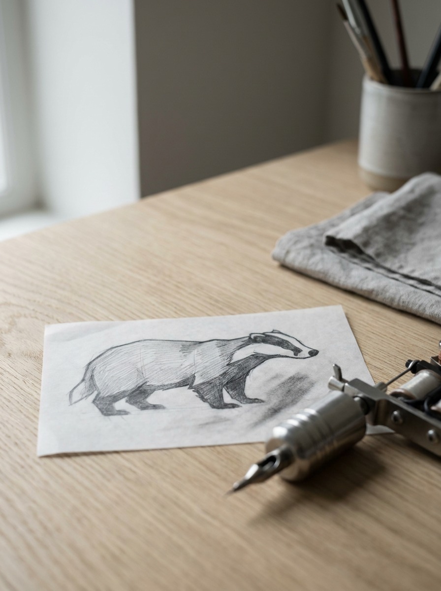 Badger Tattoo Stencil Blocky badger silhouette tattoo stencil beside a tattoo machine. | Sky Rye Design Blocky badger silhouette tattoo stencil beside a tattoo machine.