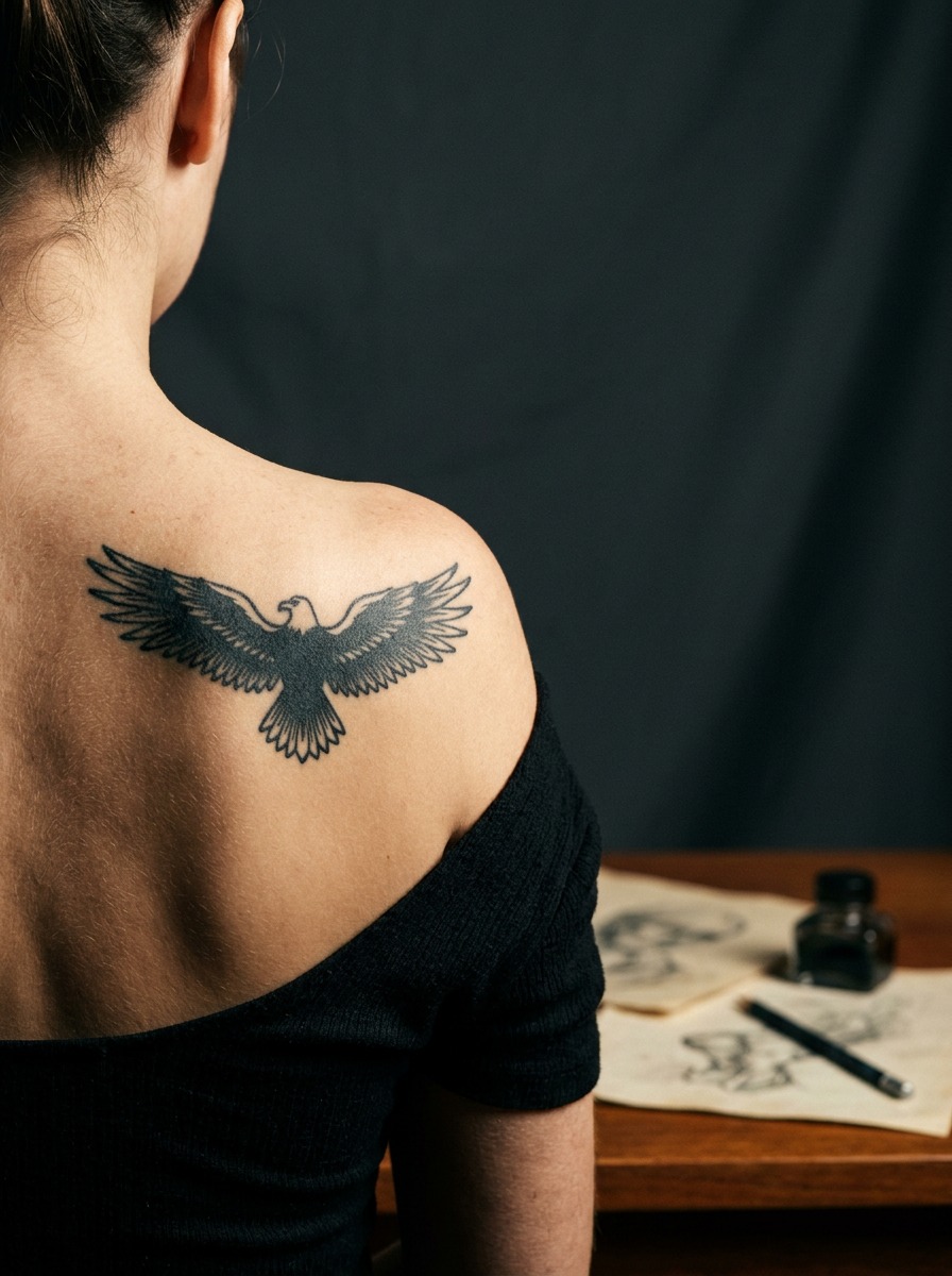 Eagle Silhouette Back Tattoo Wing-spread eagle silhouette tattoo across an upper back and shoulder blade. | Sky Rye Design Wing-spread eagle silhouette tattoo across an upper back and shoulder blade.