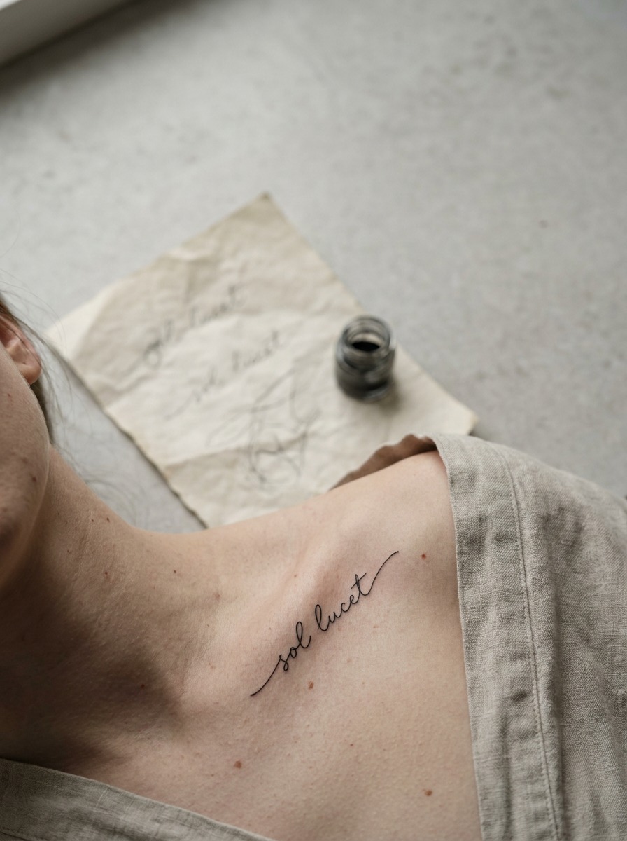 Incantation-Style Collarbone Tattoo Short elegant incantation-style tattoo placed along the collarbone. | Sky Rye Design Short elegant incantation-style tattoo placed along the collarbone.