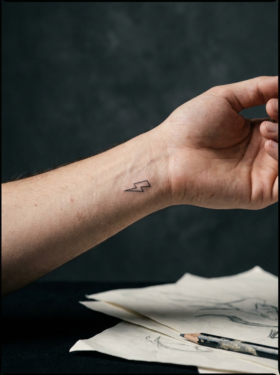 Lightning Bolt Wrist Tattoo Small fine-line lightning bolt tattoo on a wrist in soft studio light. | Sky Rye Design Small fine-line lightning bolt tattoo on a wrist in soft studio light.