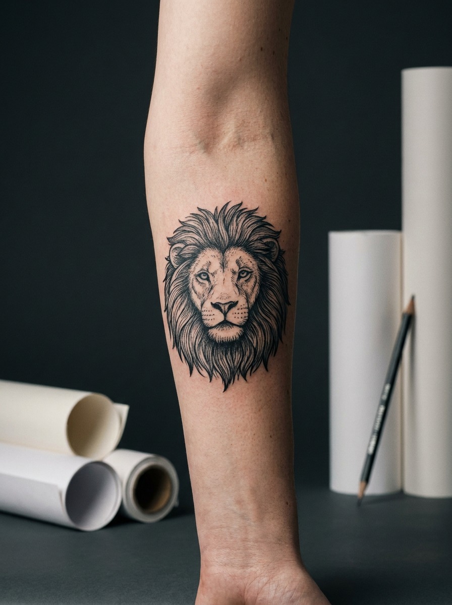 Lion Blackwork Tattoo Bold blackwork lion tattoo with textured mane linework on a forearm. | Sky Rye Design Bold blackwork lion tattoo with textured mane linework on a forearm.