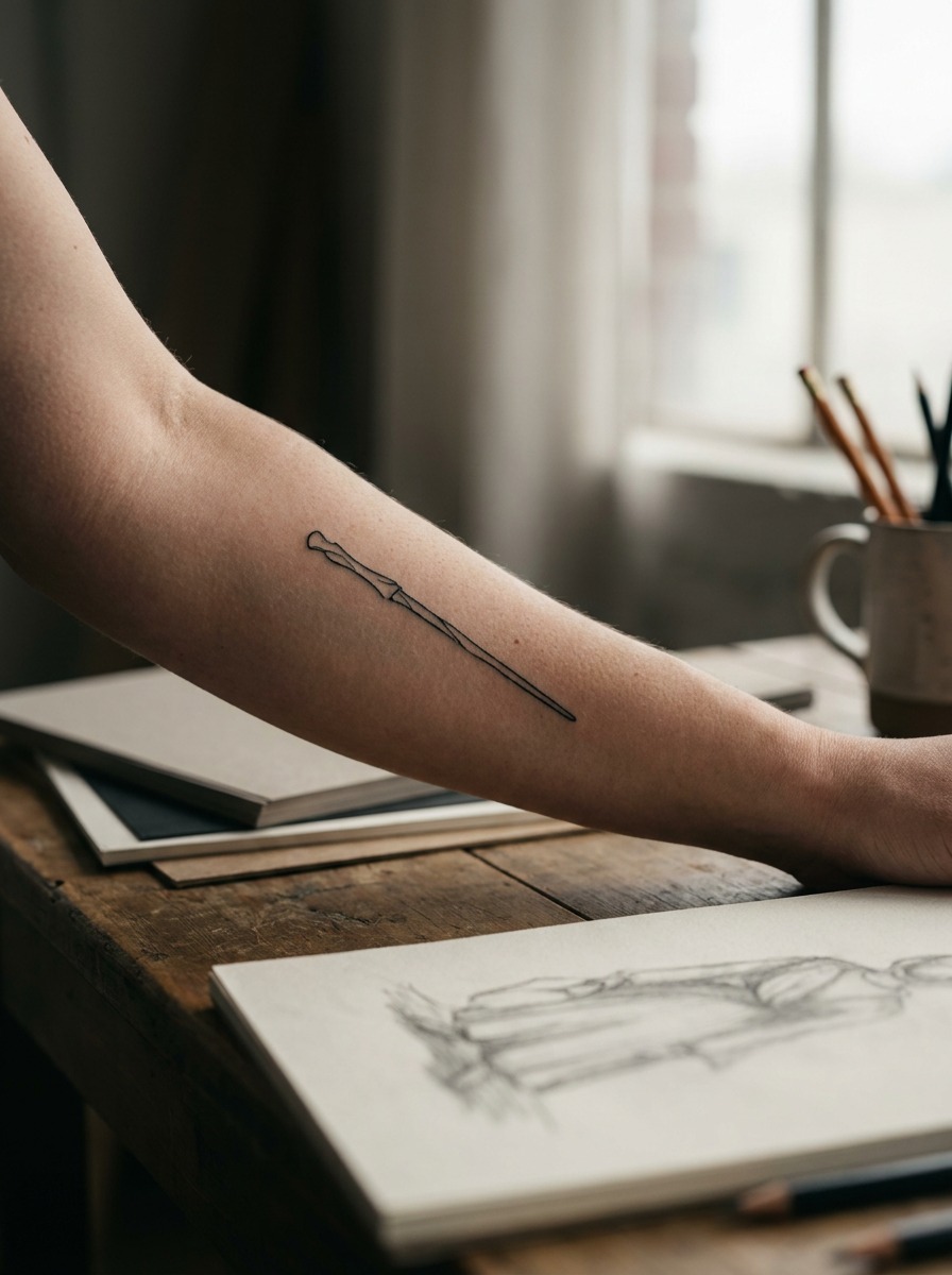 Minimalist Wand Tattoo Minimal single-line wand tattoo placed diagonally on a forearm. | Sky Rye Design Minimal single-line wand tattoo placed diagonally on a forearm.