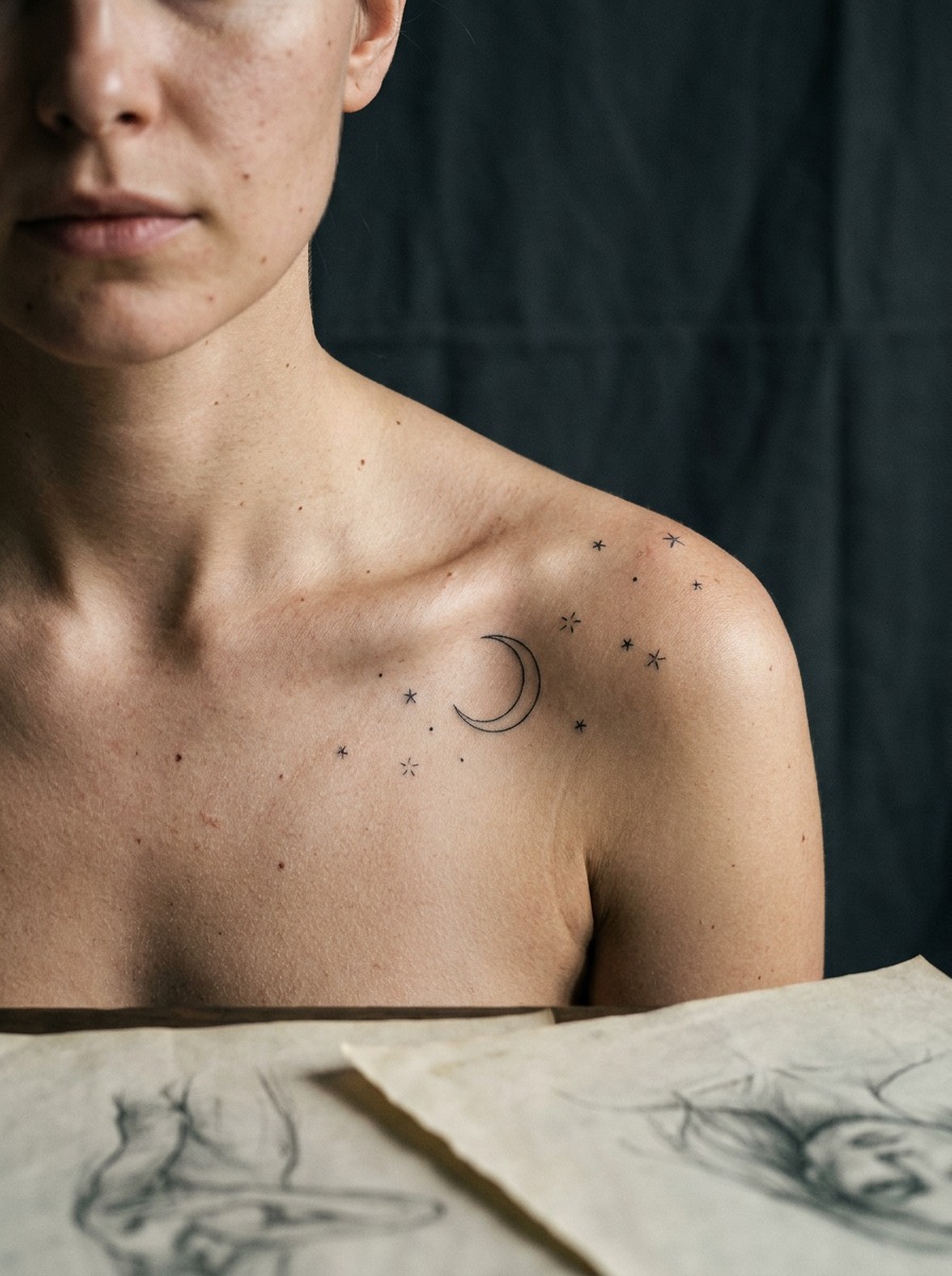 Moon and Stars Collarbone Tattoo Delicate crescent moon and scattered stars tattoo along a collarbone. | Sky Rye Design Delicate crescent moon and scattered stars tattoo along a collarbone.