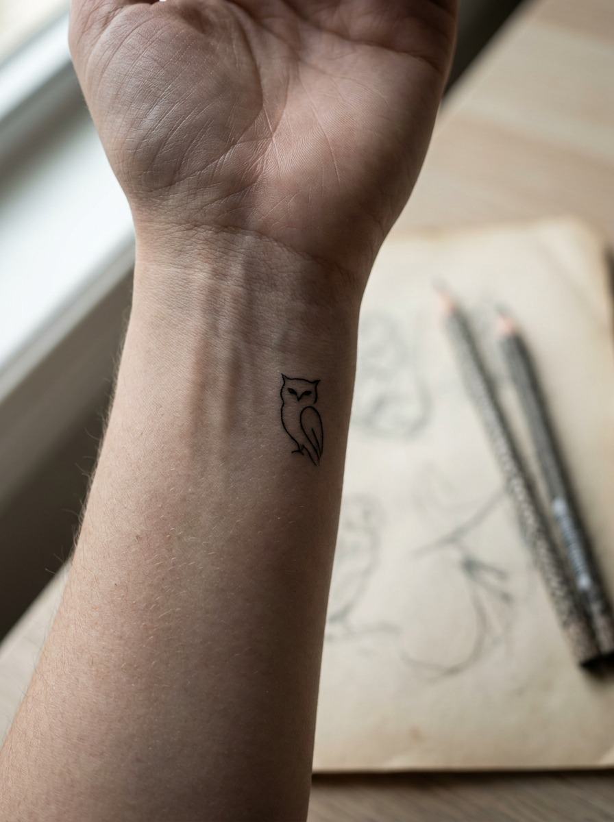 Owl Wrist Tattoo Small fine-line owl silhouette tattoo on a wrist. | Sky Rye Design Small fine-line owl silhouette tattoo on a wrist.