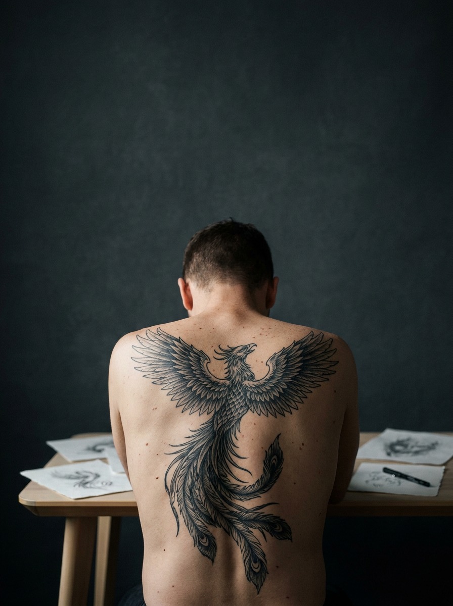 Phoenix Back Tattoo Large blackwork phoenix back tattoo with layered feather detail. | Sky Rye Design Large blackwork phoenix back tattoo with layered feather detail.