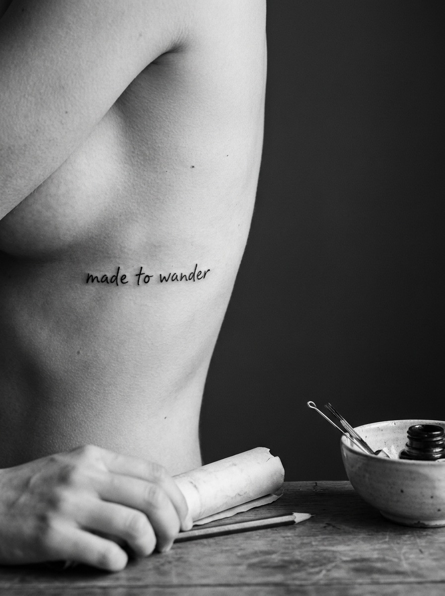 Playful Phrase Rib Tattoo Short playful hand-lettered phrase tattoo following the ribcage. | Sky Rye Design Short playful hand-lettered phrase tattoo following the ribcage.