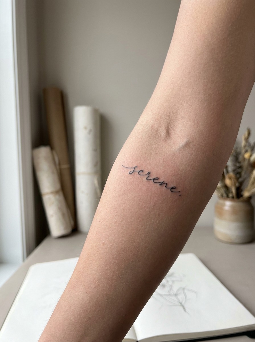 Single-Word Script Tattoo Elegant single-word script tattoo at a moderate scale on a forearm. | Sky Rye Design Elegant single-word script tattoo at a moderate scale on a forearm.