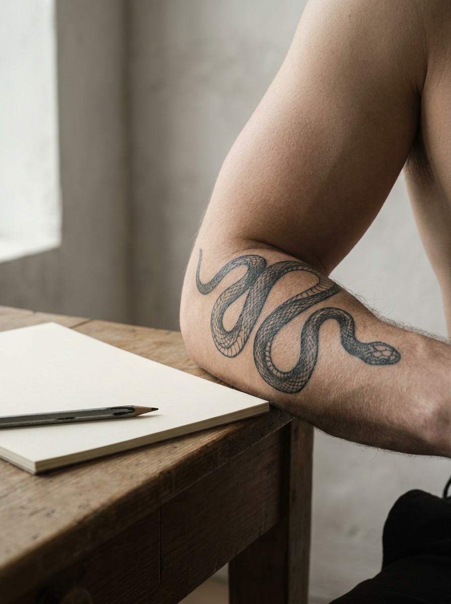 Serpent Bicep Tattoo Blackwork serpent tattoo wrapping naturally around a bicep. | Sky Rye Design Blackwork serpent tattoo wrapping naturally around a bicep.