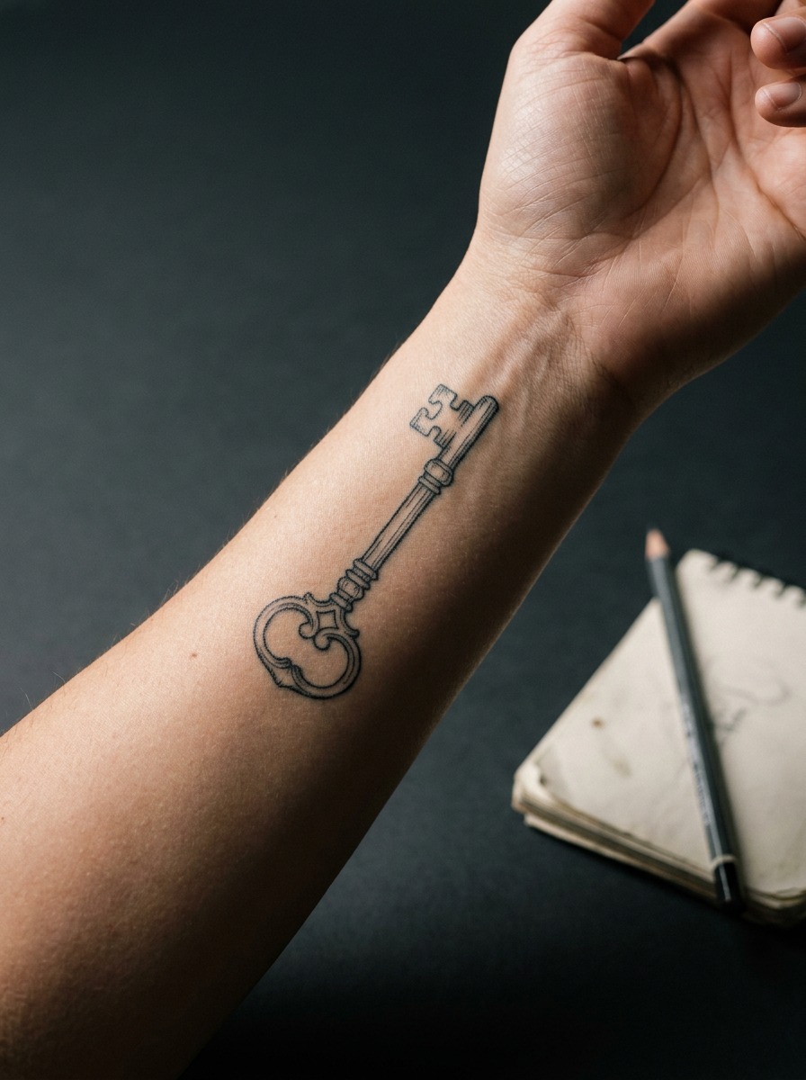 Skeleton Key Forearm Tattoo Vertical fine-line skeleton key tattoo along an inner forearm. | Sky Rye Design Vertical fine-line skeleton key tattoo along an inner forearm.