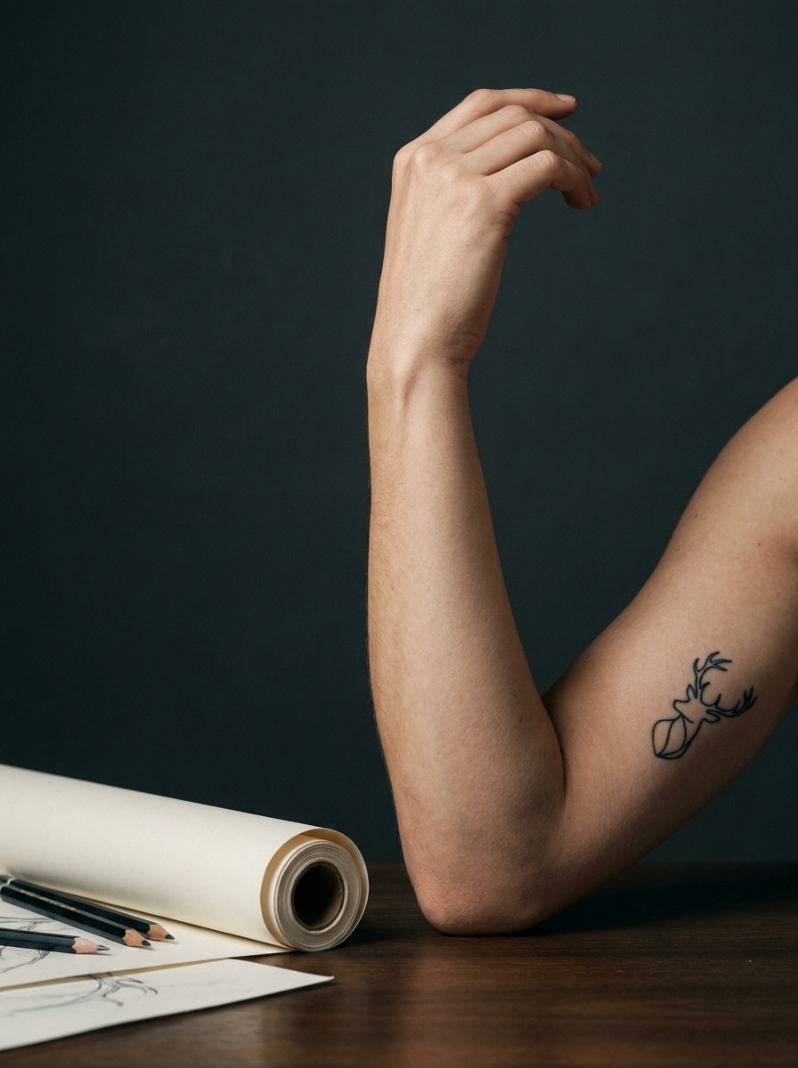 Stag Forearm Tattoo Minimal stag silhouette tattoo with open antlers on an outer forearm. | Sky Rye Design Minimal stag silhouette tattoo with open antlers on an outer forearm.