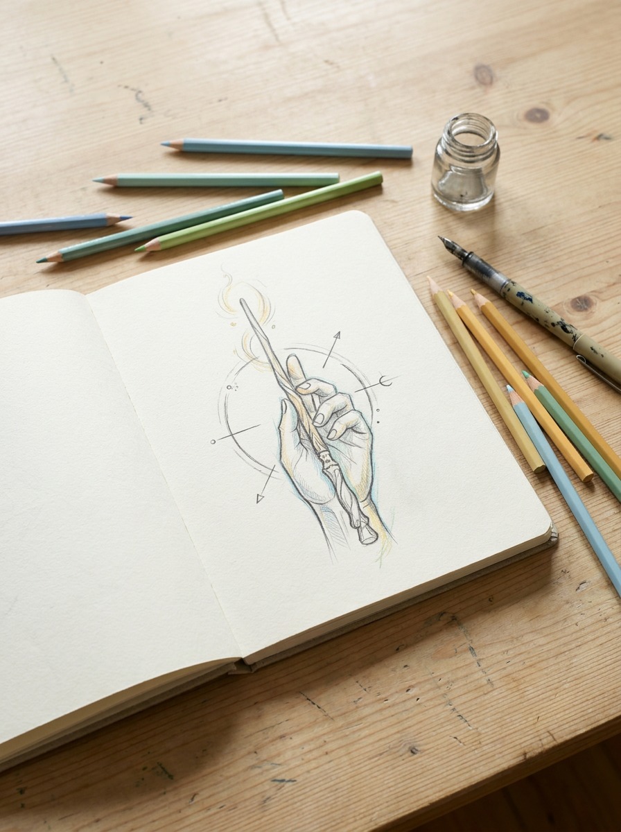 Wizarding Tattoo Consultation Sketchbook Tattoo consultation sketchbook with one restrained wizarding-inspired design. | Sky Rye Design Tattoo consultation sketchbook with one restrained wizarding-inspired design.