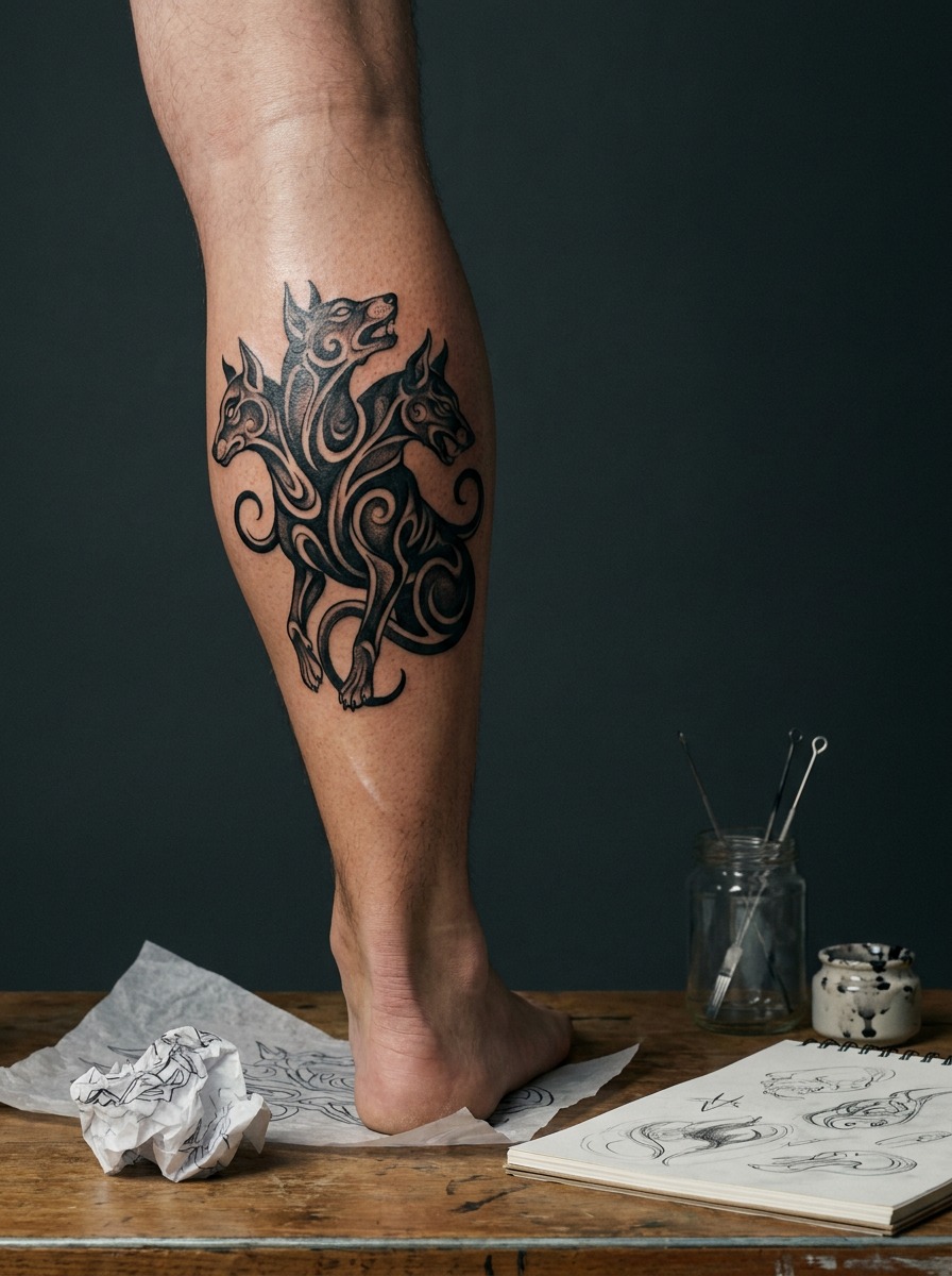 Three-Headed Dog Calf Tattoo Bold blackwork three-headed magical dog tattoo on a calf. | Sky Rye Design Bold blackwork three-headed magical dog tattoo on a calf.