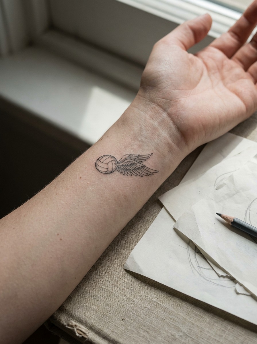 Winged Ball Forearm Tattoo Fine-line winged ball tattoo with feather detail on a forearm. | Sky Rye Design Fine-line winged ball tattoo with feather detail on a forearm.