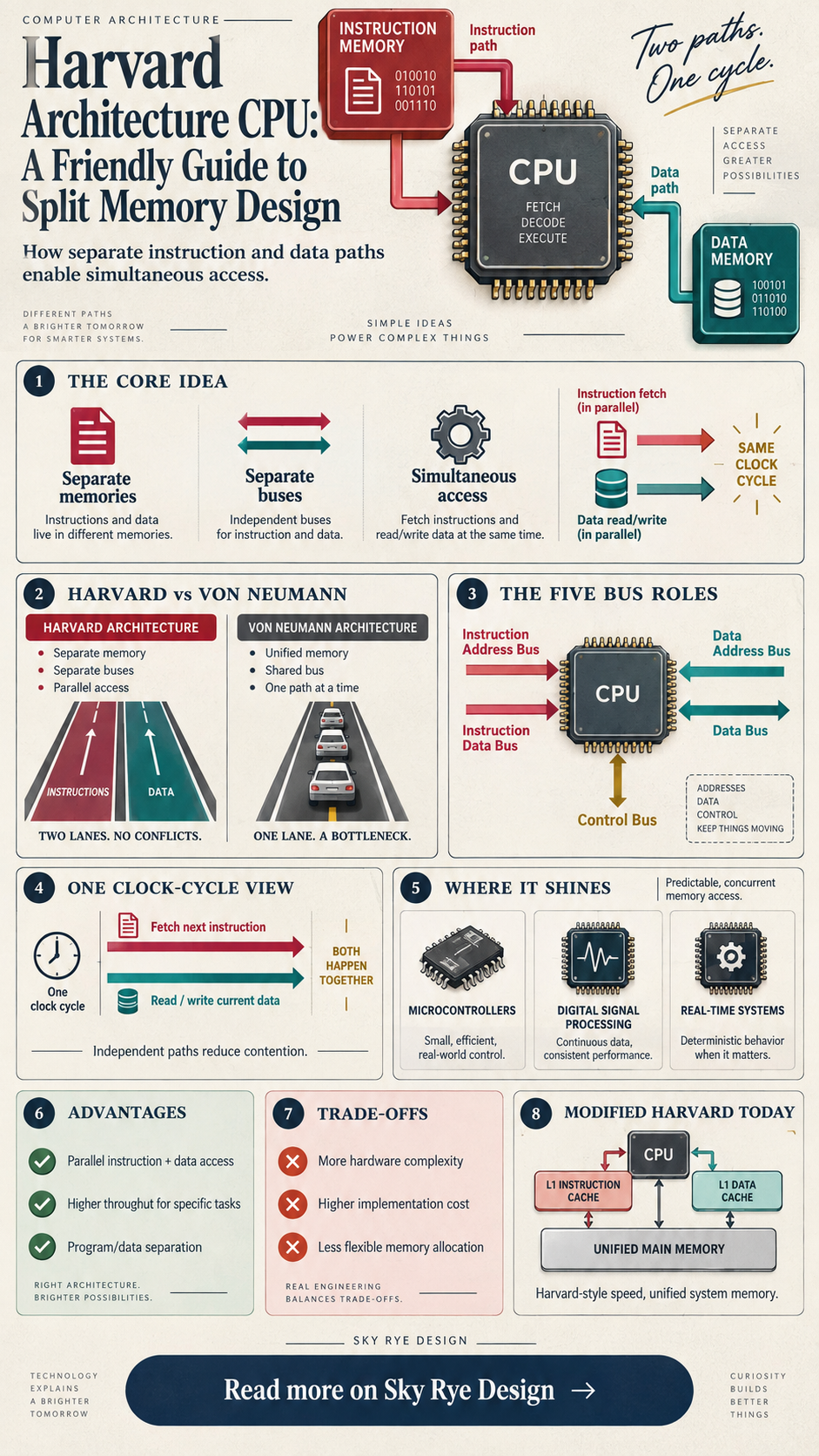 Harvard architecture CPU infographic comparing separate instruction and data memory with Von Neumann architecture, bus roles, advantages, trade-offs, and modified Harvard caches.