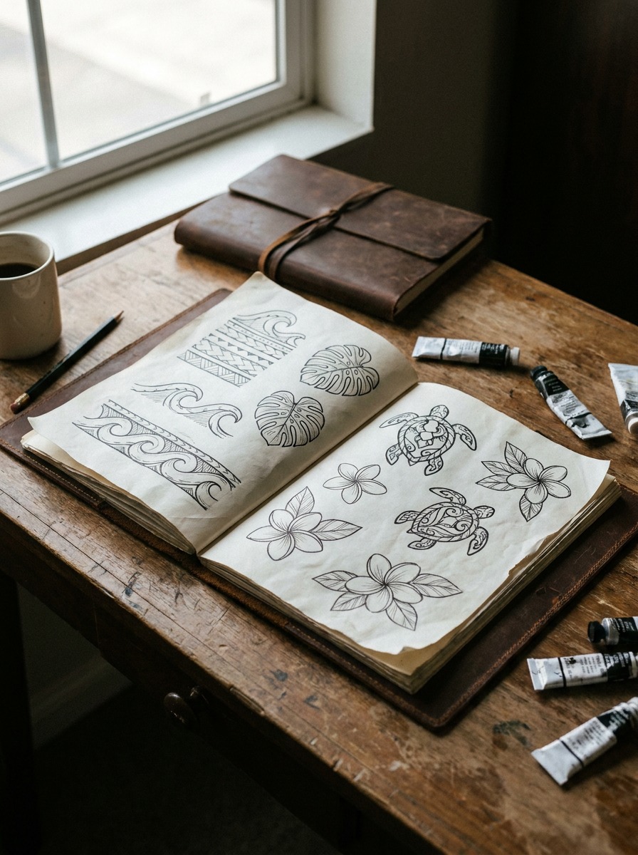 Tattoo artist portfolio book open to Hawaiian-influenced linework designs.
