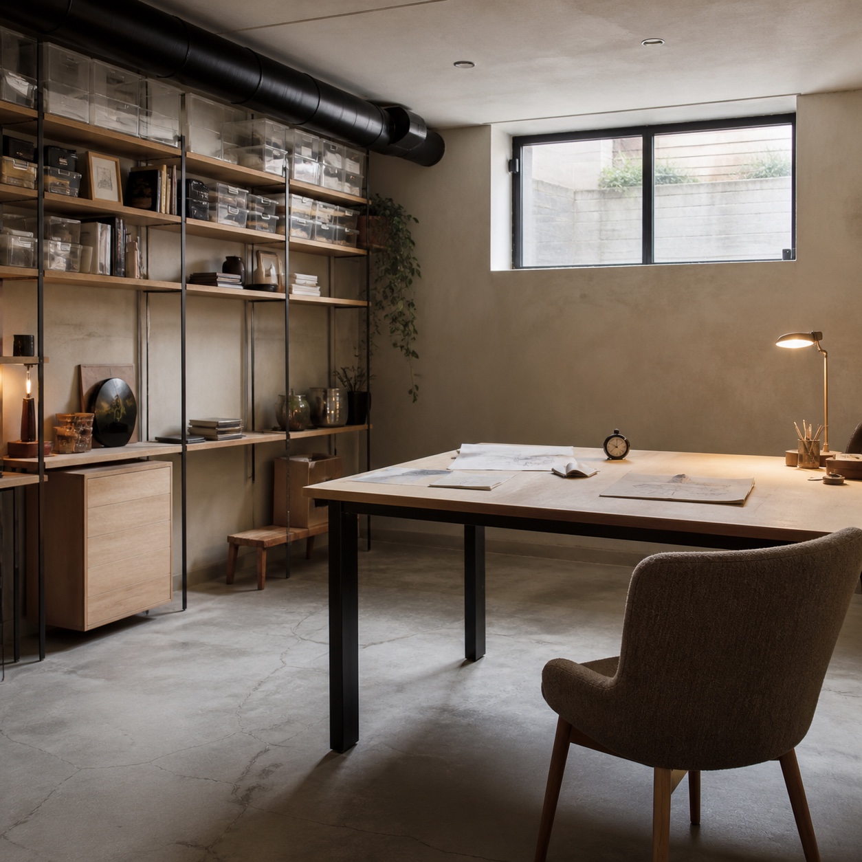 Healthy Basement Studio Workspace Basement studio workspace with polished concrete floor, raised storage, and visible ventilation. | Sky Rye Design Basement studio workspace with polished concrete floor, raised storage, and visible ventilation.