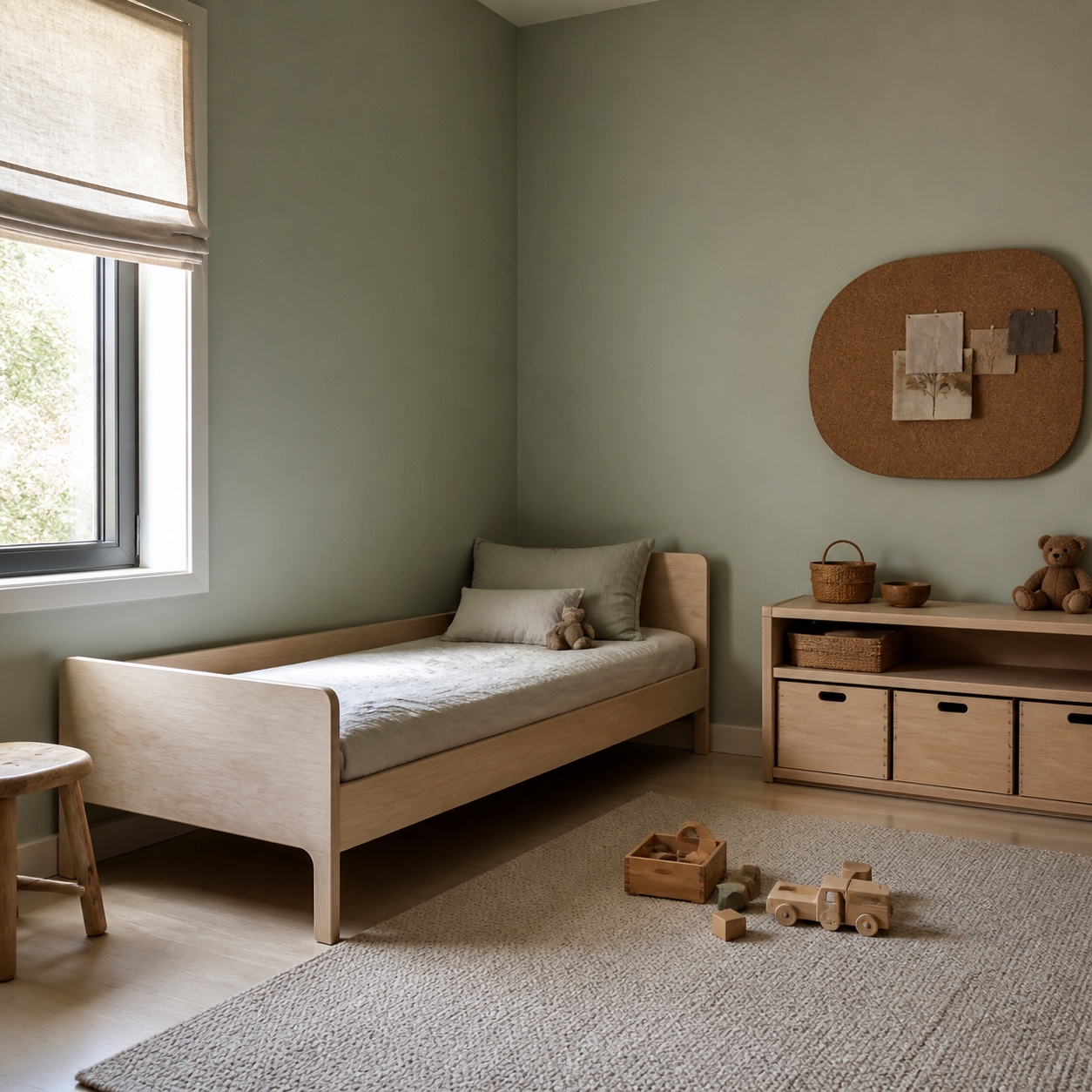 Healthy Childrens Room Easy Clean Design Minimalist children room with closed storage, washable rug, birch bed, and low-VOC painted walls. | Sky Rye Design Minimalist children room with closed storage, washable rug, birch bed, and low-VOC painted walls.