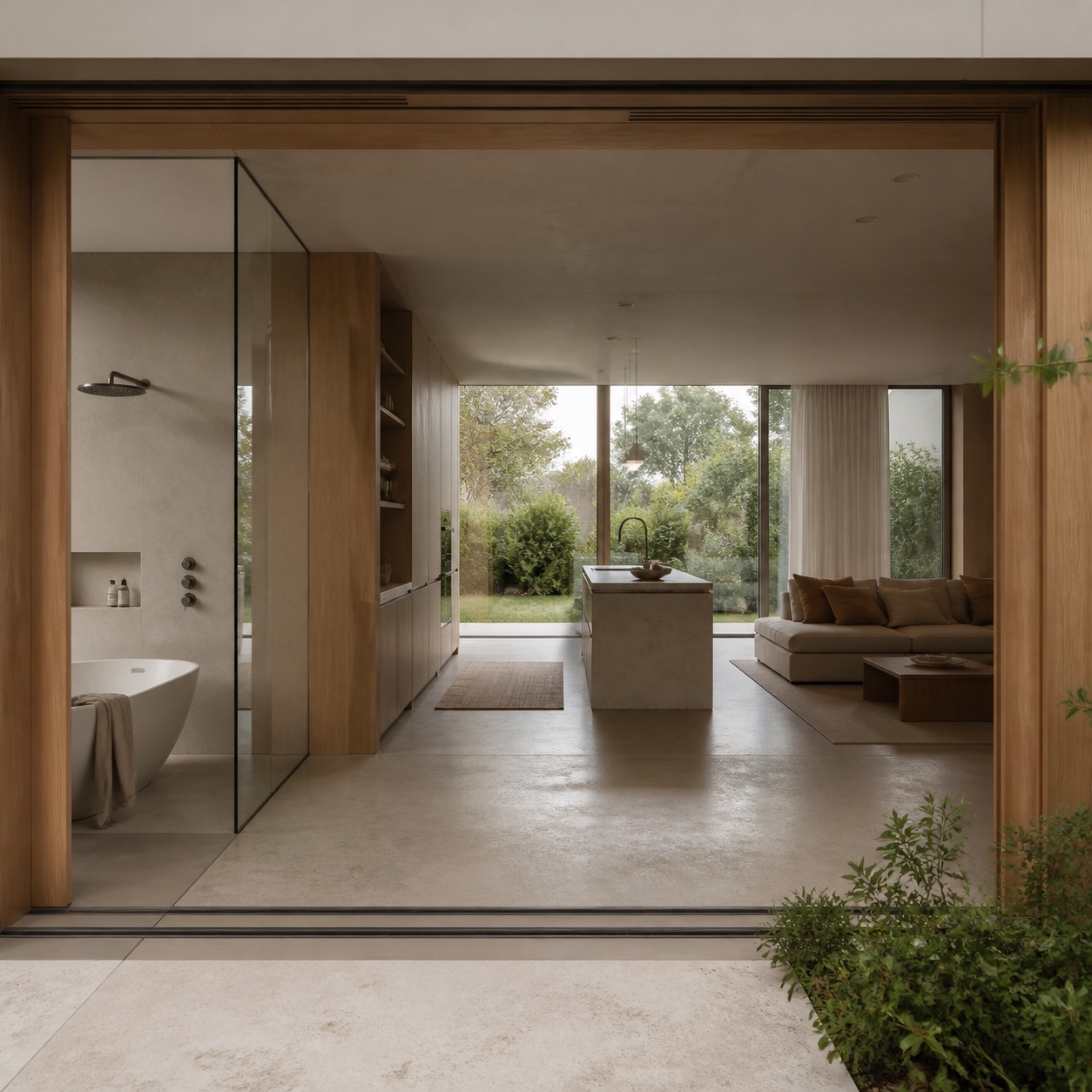 Healthy Home Design Article Hero Refined modern home interior showing bathroom, kitchen, living area, washable surfaces, and hidden ventilation. | Sky Rye Design Refined modern home interior showing bathroom, kitchen, living area, washable surfaces, and hidden ventilation.