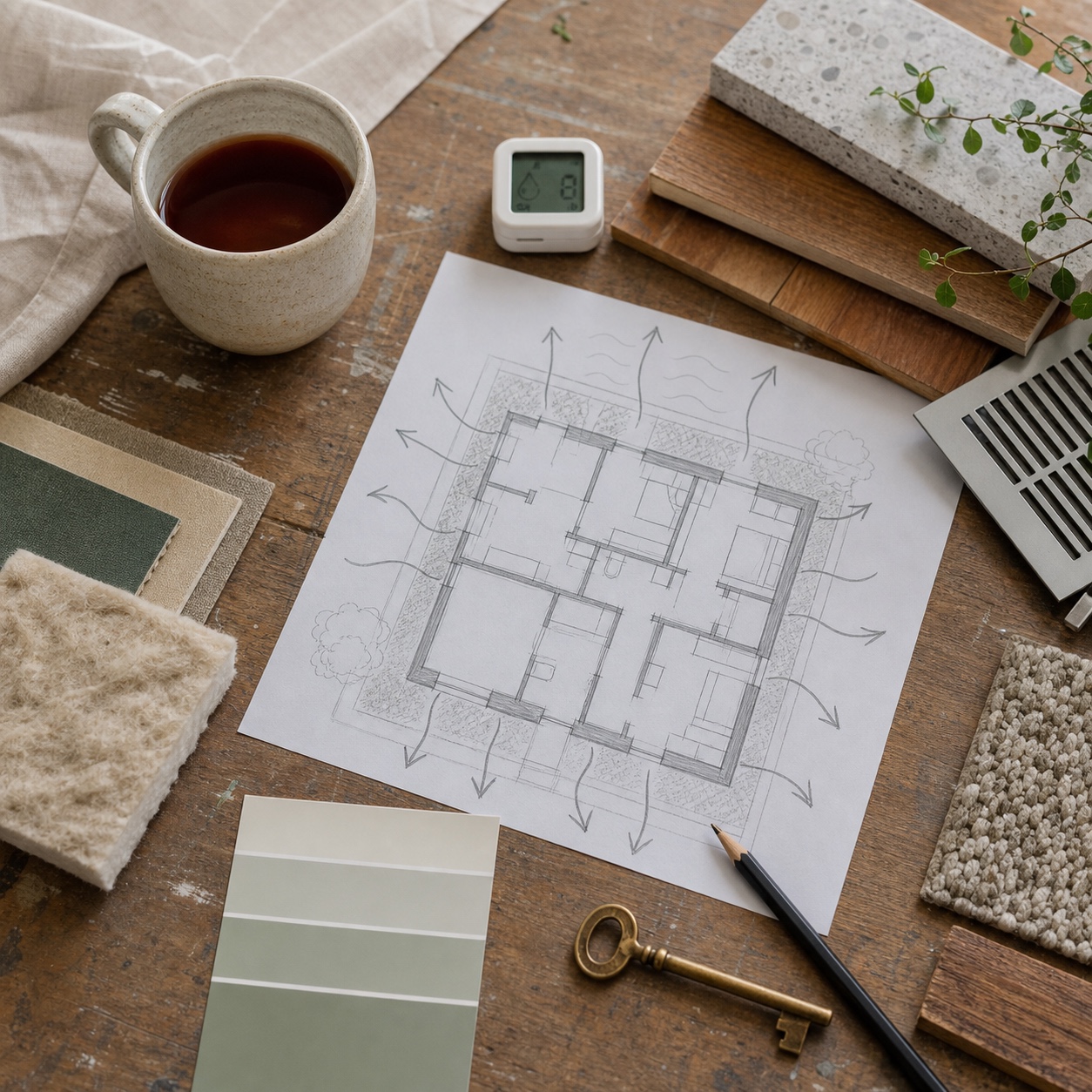 Healthy Home Renovation Mood Board Architectural desk flat lay with floor plan, material samples, humidity meter, and ventilation grille. | Sky Rye Design Architectural desk flat lay with floor plan, material samples, humidity meter, and ventilation grille.