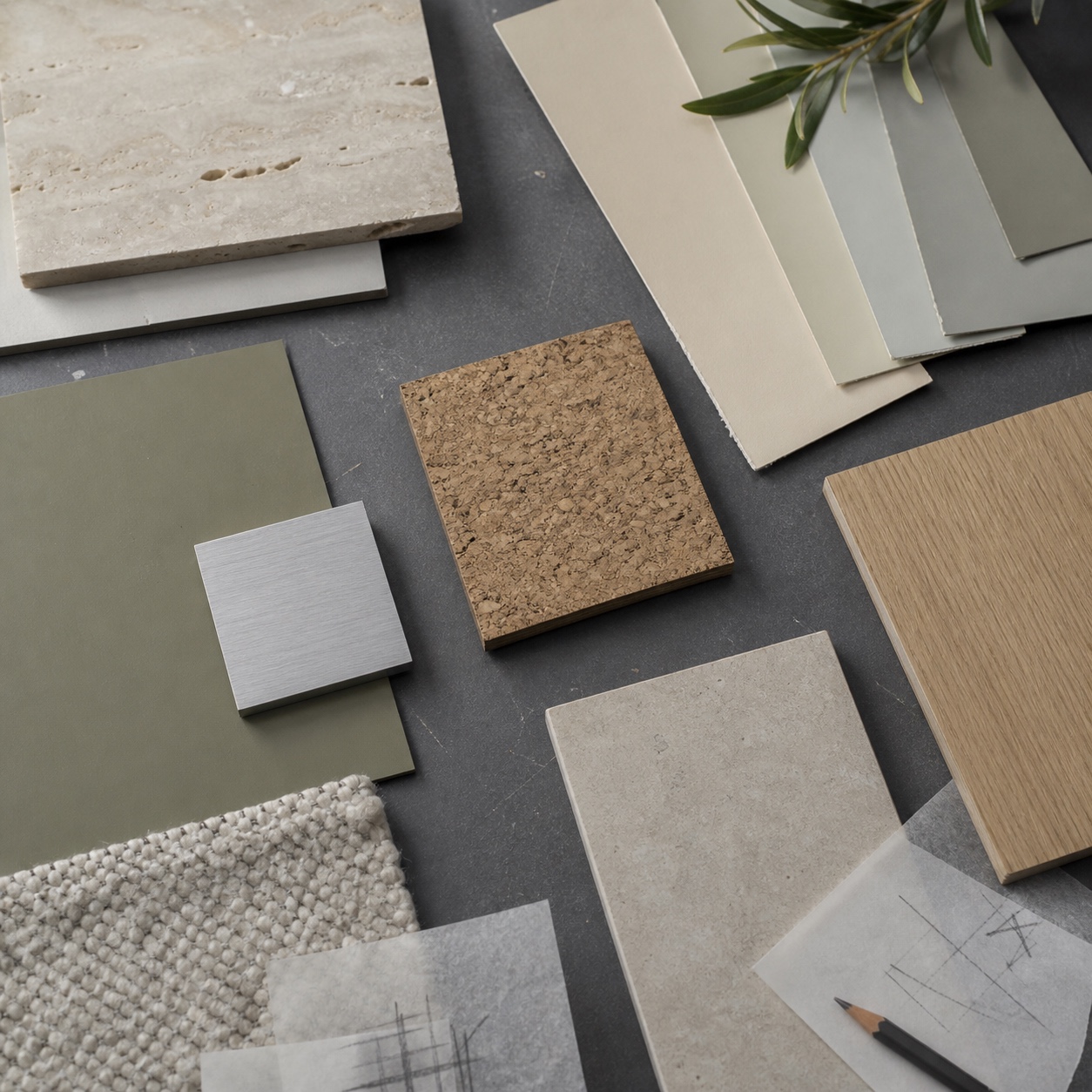 Healthy Interior Materials Flat Lay Flat lay of travertine, cork, low-VOC paint, porcelain tile, oak veneer, and wool samples. | Sky Rye Design Flat lay of travertine, cork, low-VOC paint, porcelain tile, oak veneer, and wool samples.