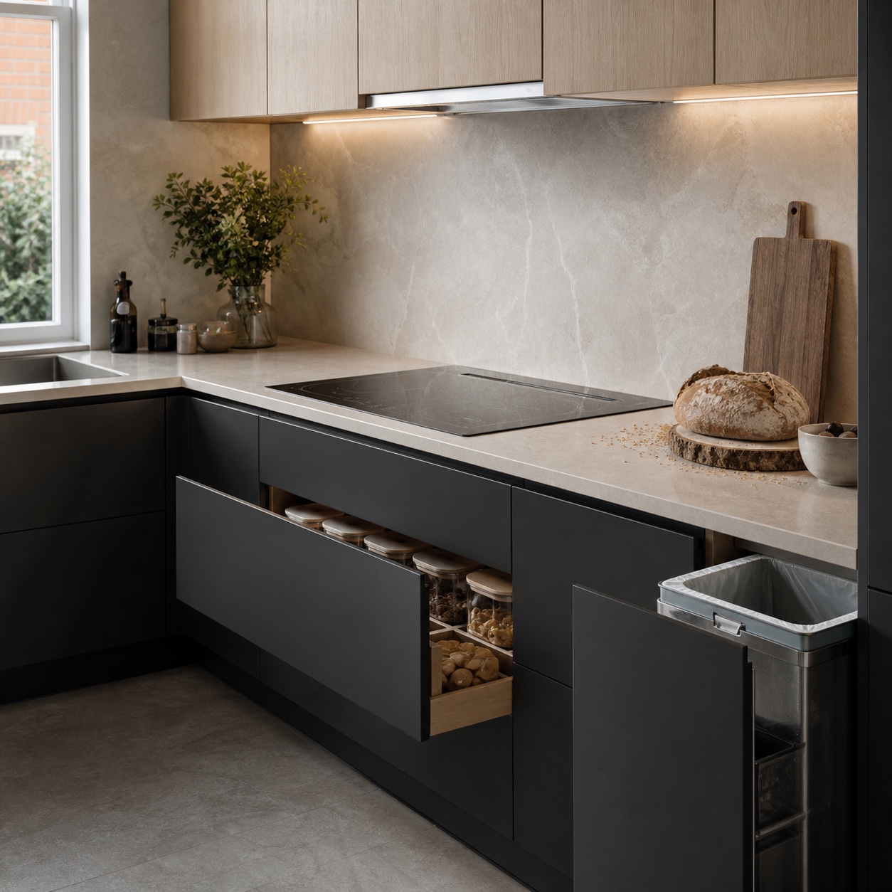 Healthy Kitchen With Pest Resistant Storage Modern kitchen with sealed surfaces and pull-out pantry storage designed for easier cleaning. | Sky Rye Design Modern kitchen with sealed surfaces and pull-out pantry storage designed for easier cleaning.