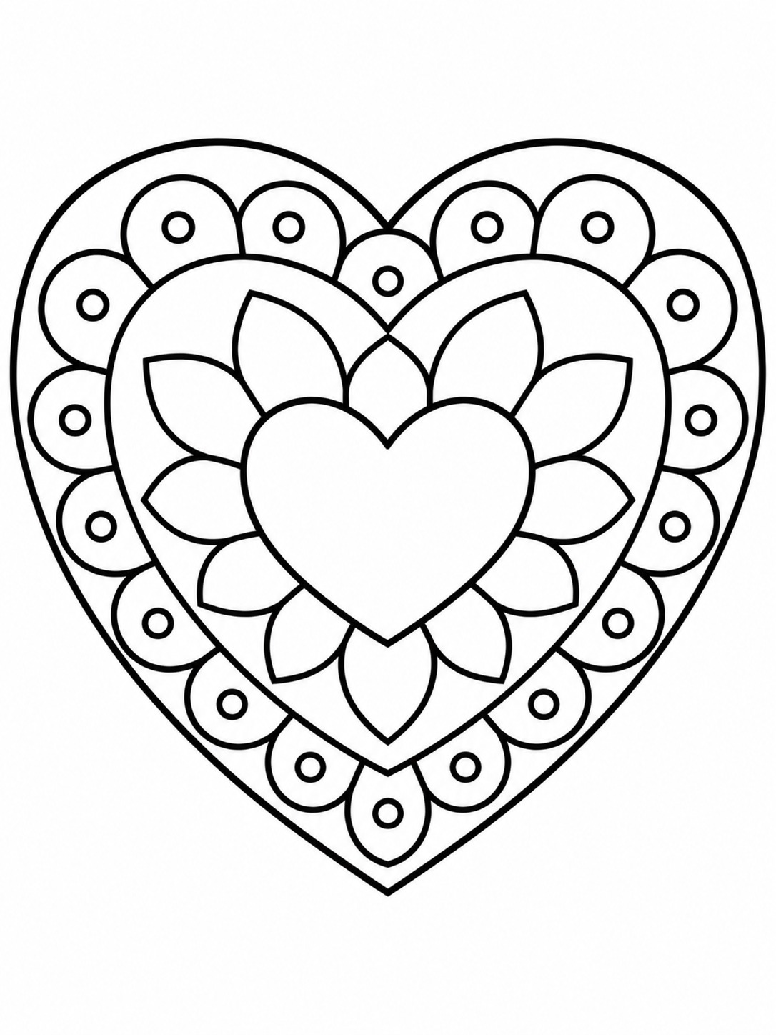 Heart mandala easy coloring page Heart-shaped mandala with broad nested layers, petals, and circular details. | Sky Rye Design Heart-shaped mandala with broad nested layers, petals, and circular details.