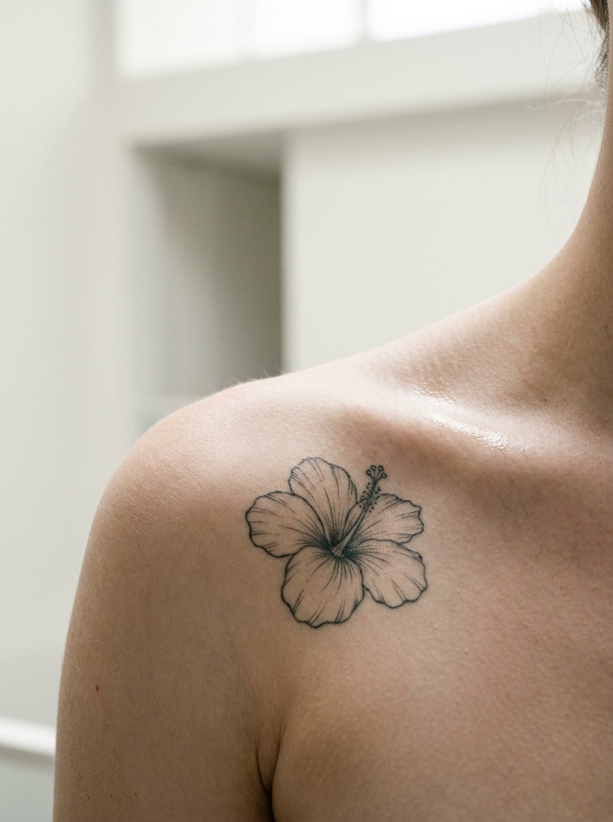 Fine botanical hibiscus tattoo on collarbone skin.