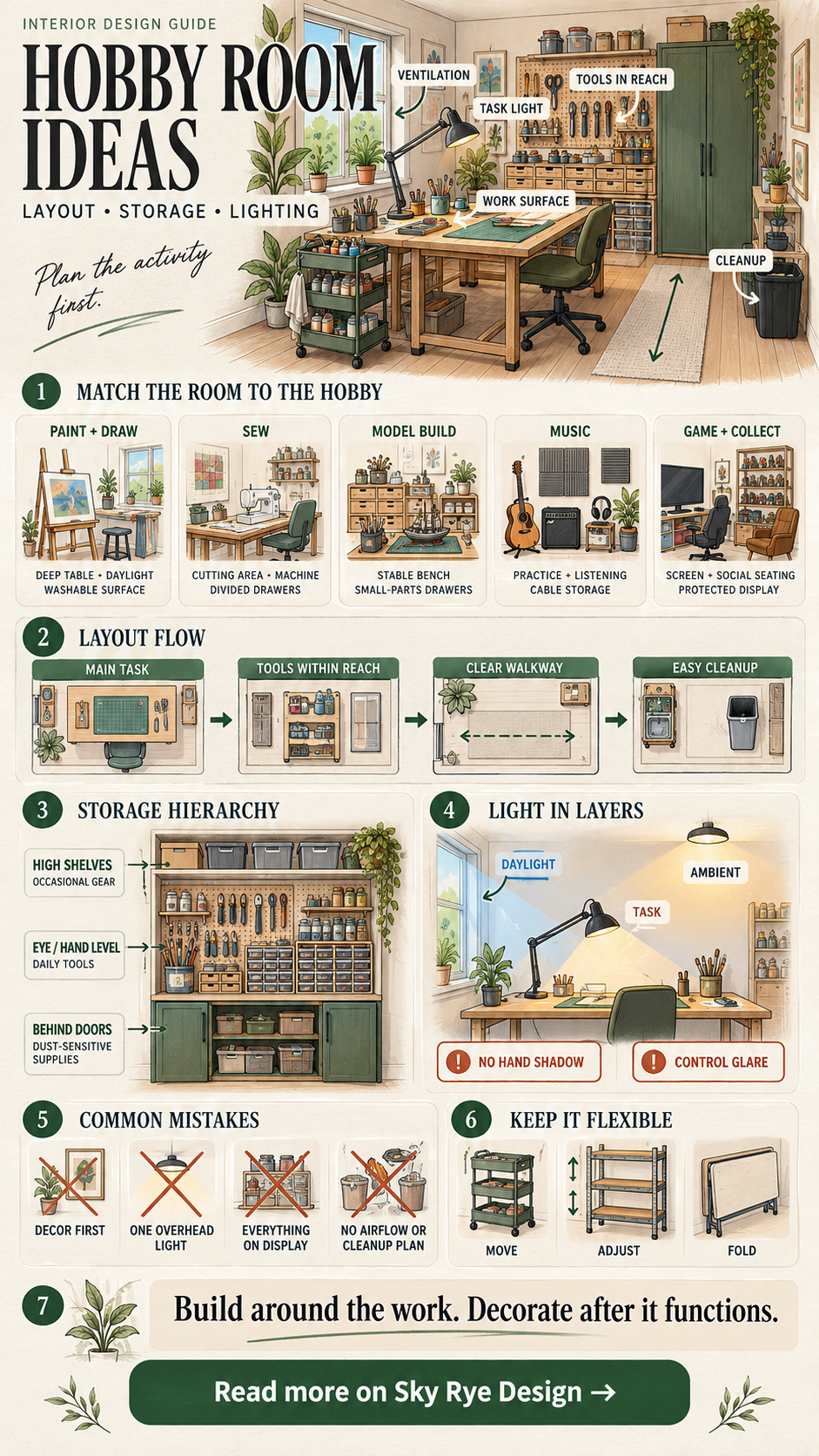 Hobby Room Ideas Layout Storage and Lighting Infographic Infographic showing hobby room layout, storage, lighting, planning steps, common mistakes, and flexible furniture ideas. | Sky Rye Design Infographic showing hobby room layout, storage, lighting, planning steps, common mistakes, and flexible furniture ideas.