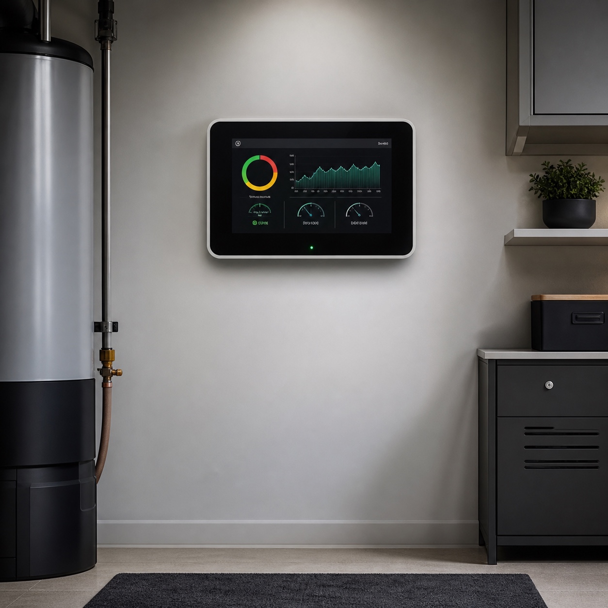 Home Energy Monitoring Panel in Utility Room Minimalist home energy monitoring panel mounted in a clean modern utility room. | Sky Rye Design Minimalist home energy monitoring panel mounted in a clean modern utility room.