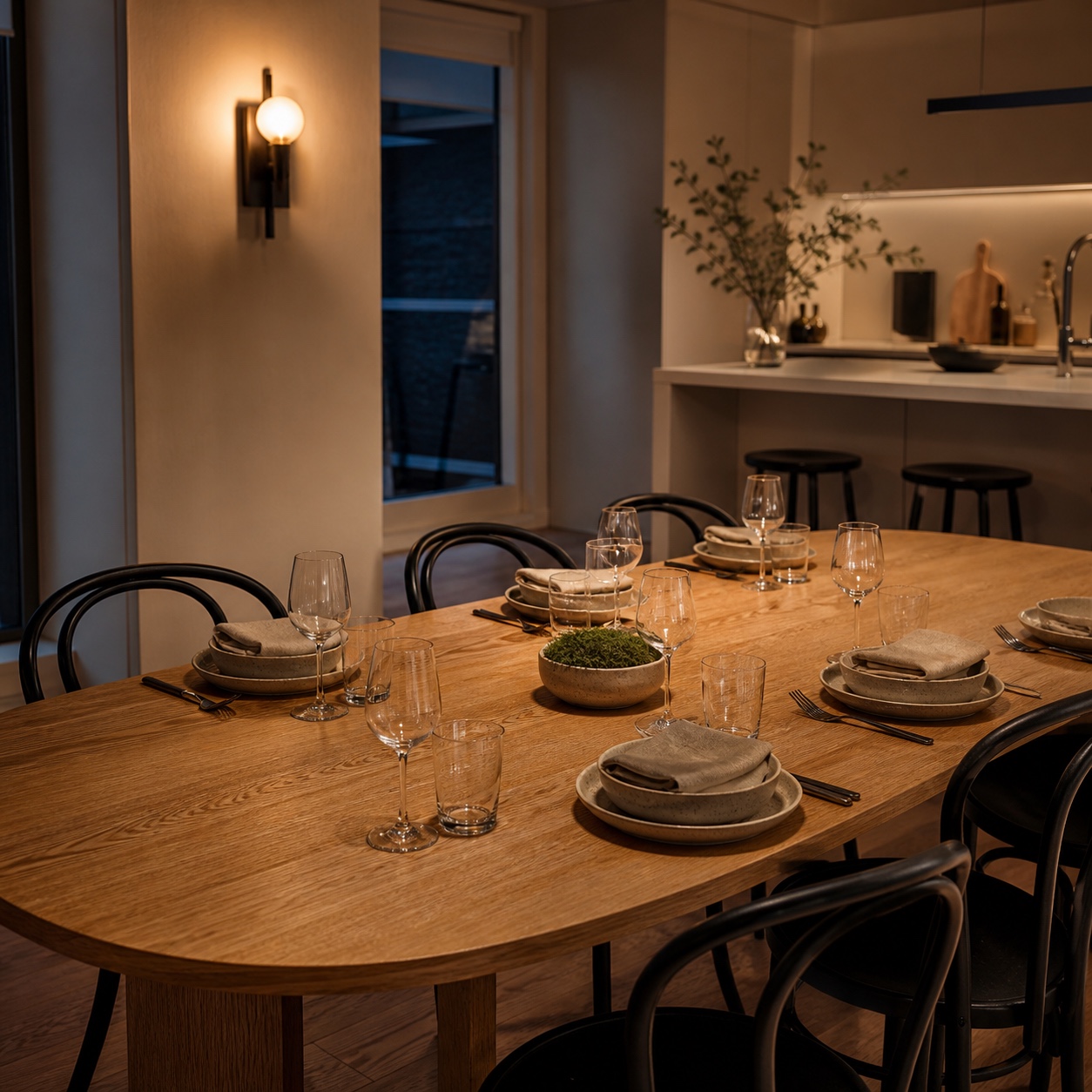 Modern dining area set for a casual housewarming dinner with an oval oak table and low ceramic centerpiece.