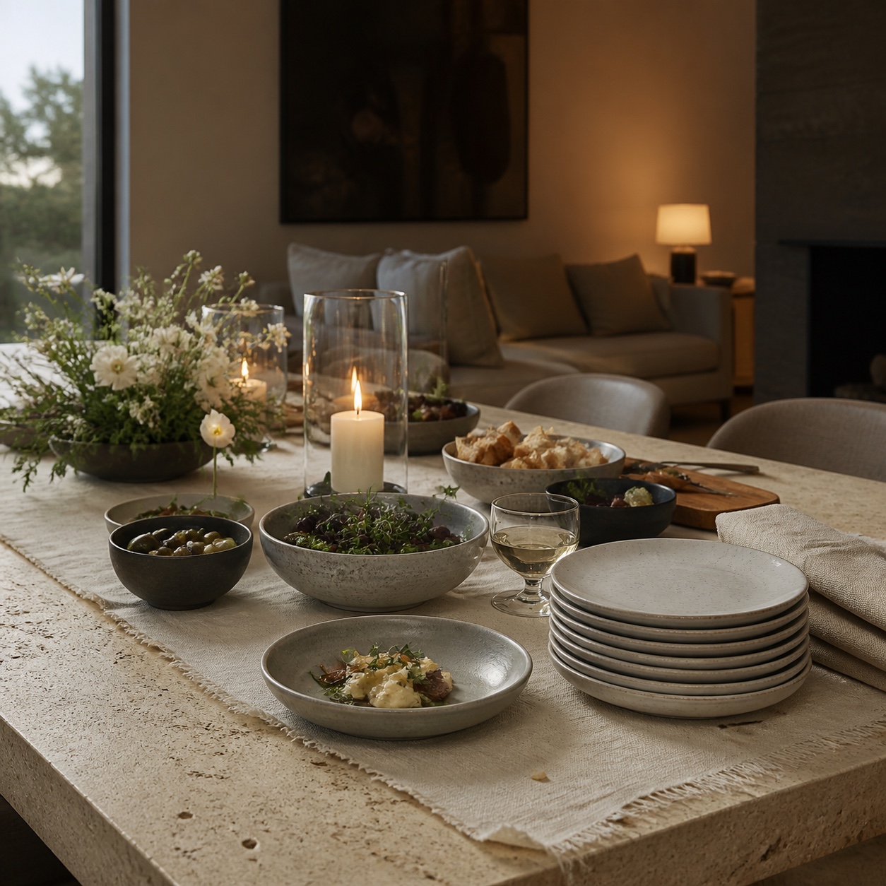 Travertine dining table used as a relaxed buffet with ceramic bowls, linen runner, plates, and soft living room background.