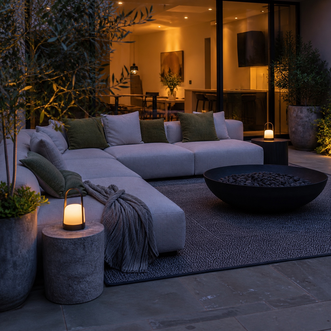 Modern patio with modular outdoor seating, warm table lamps, textured rug, and glowing interior behind glass doors.