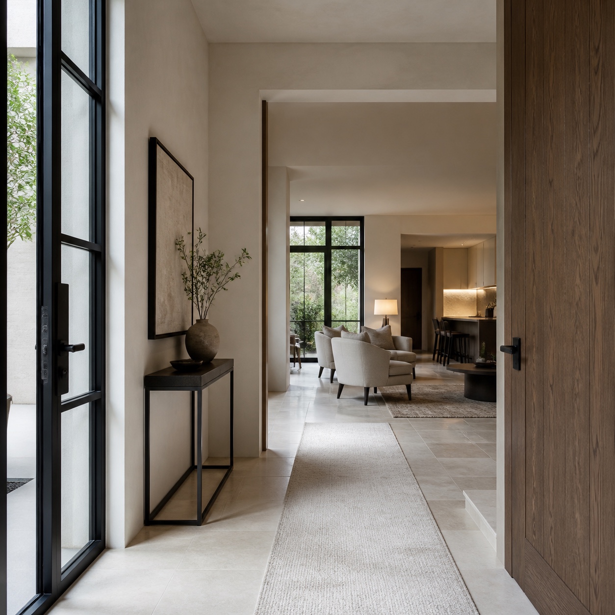 Modern foyer view into the living room with a clear guest path, stone runner, slim console, and warm kitchen glow.