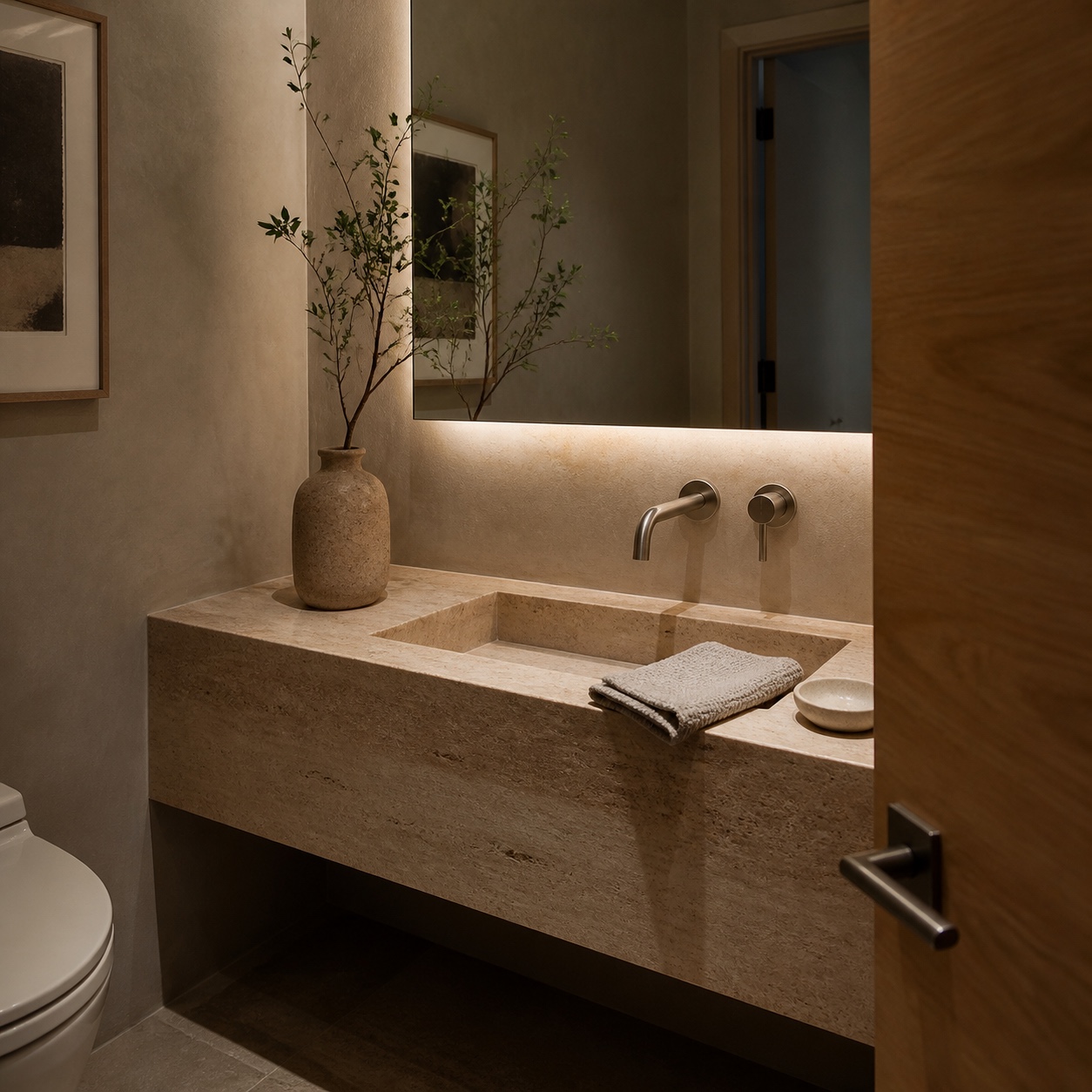 Guest bathroom with a travertine vanity, warm mirror light, folded linen towel, and ceramic details.