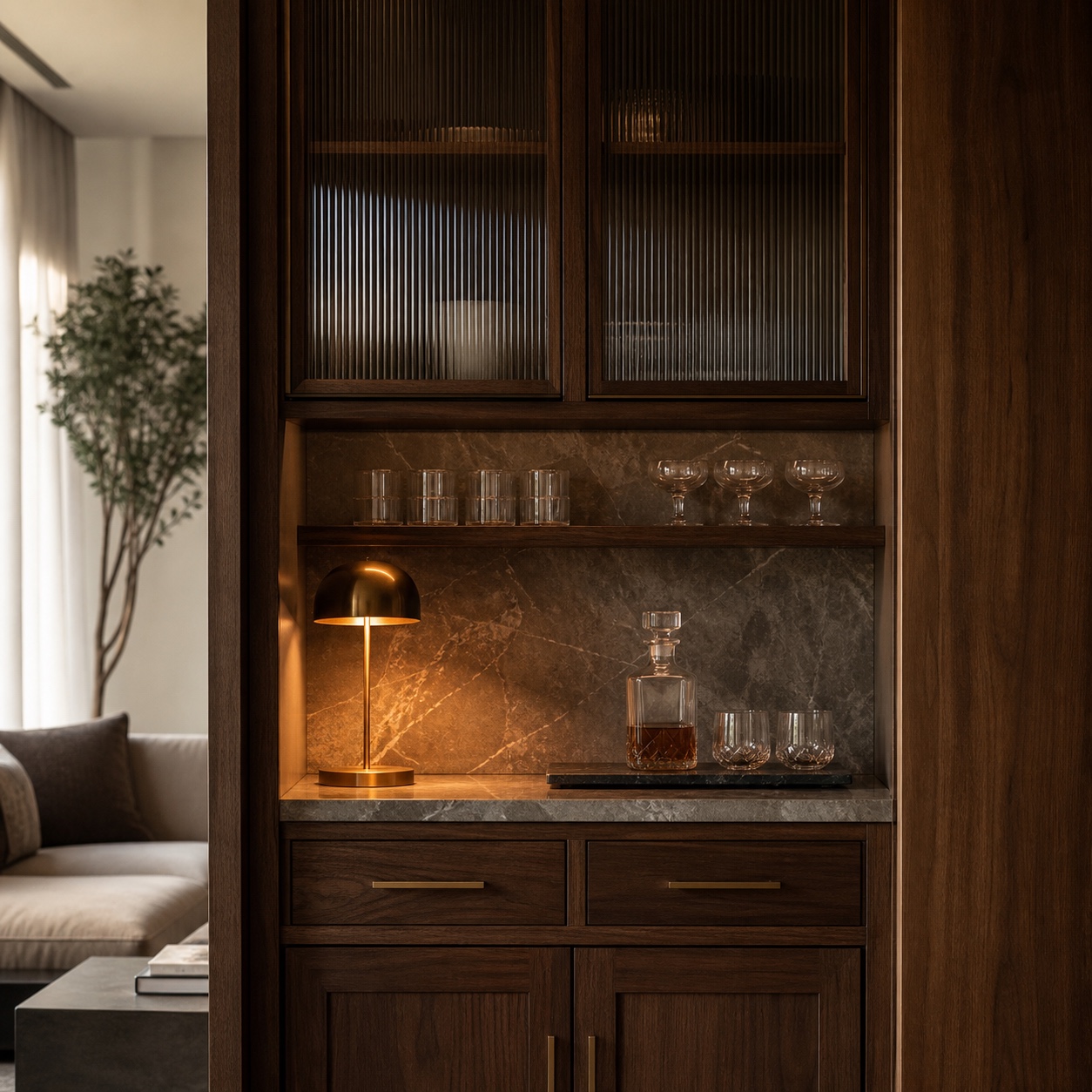 Small home bar nook with dark walnut cabinetry, fluted glass doors, stone backsplash, and simple glassware.