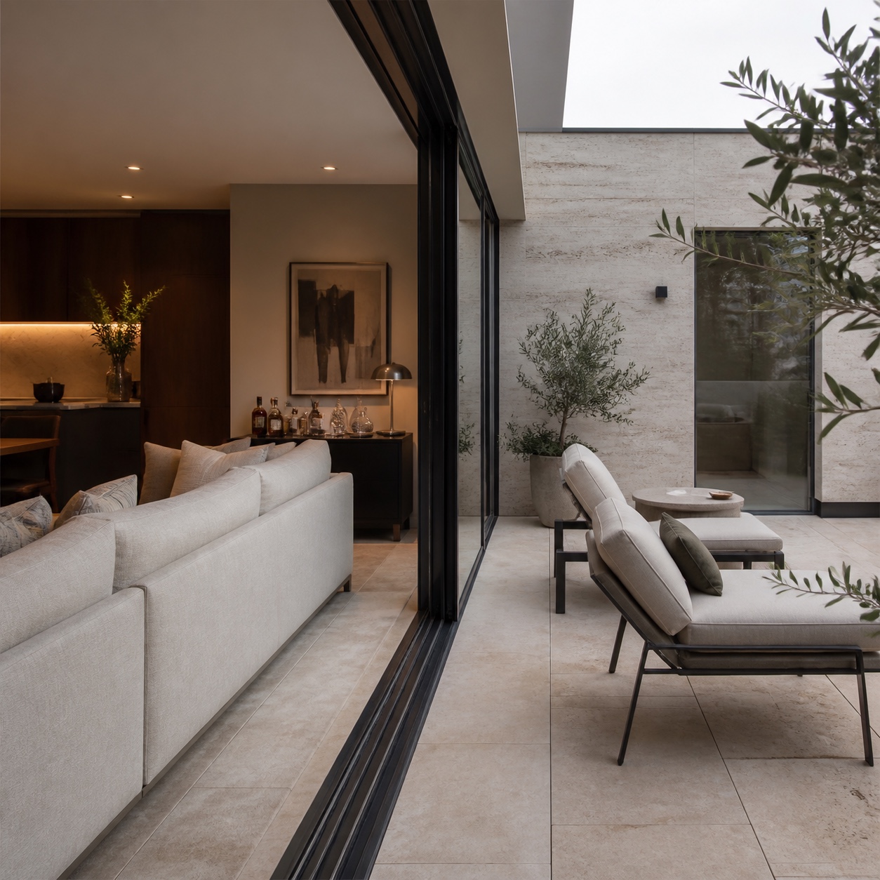 Indoor-outdoor entertaining space with open glass doors, patio seating, pale stone flooring, and a drink station.