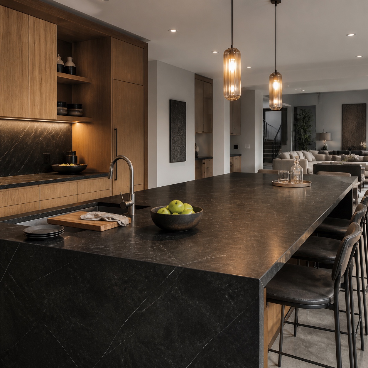 Modern kitchen island with slim bar stools, a drink tray, oak cabinets, and honed black marble for entertaining at home.
