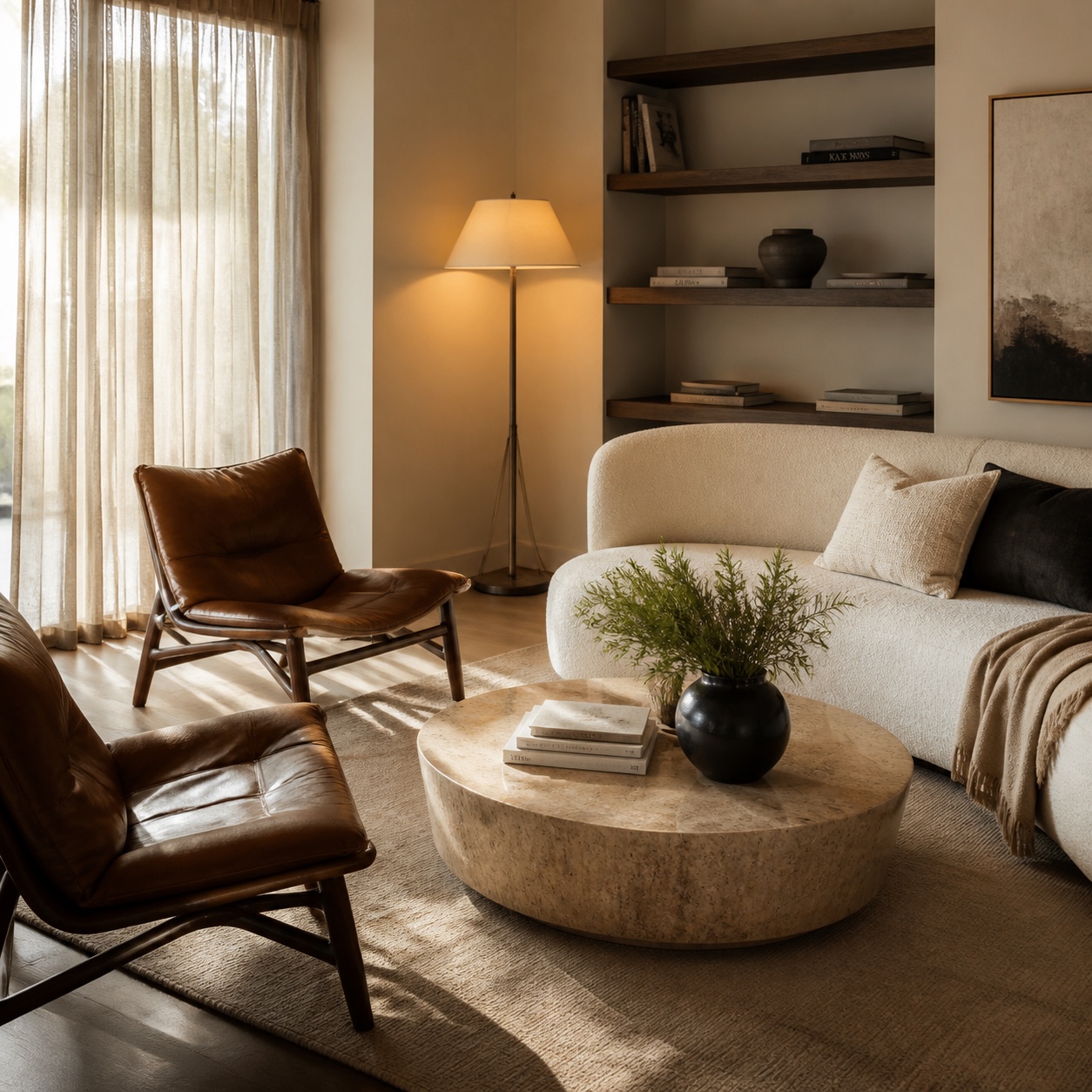 Living room conversation zone with a curved cream sofa, low leather chairs, warm floor lamp, and art books.
