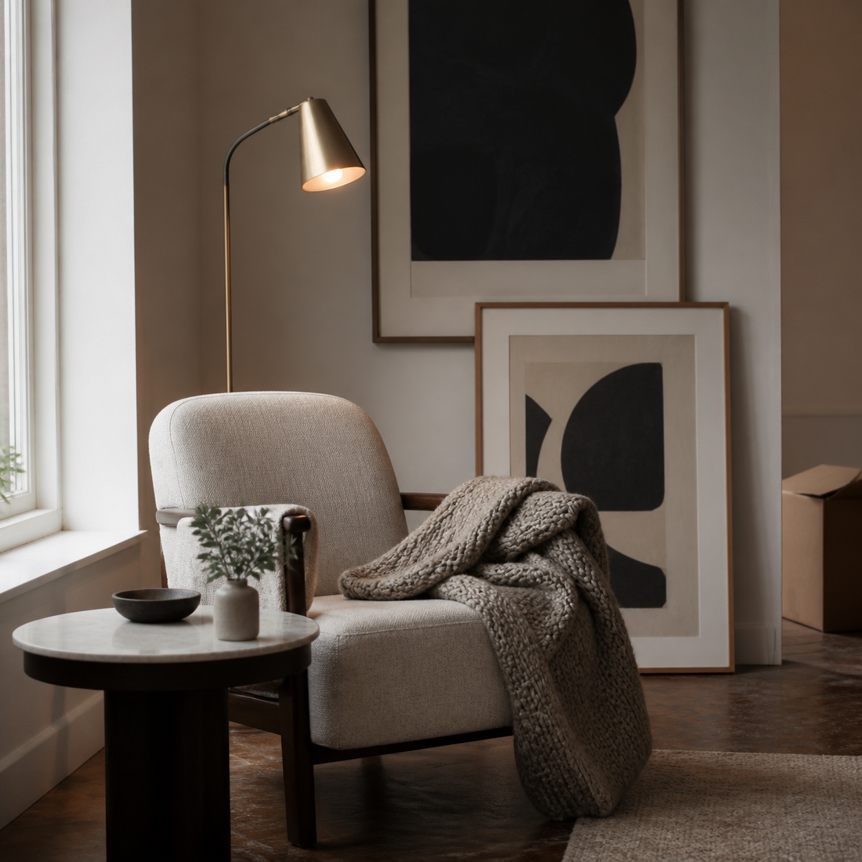 Refined lounge corner with a low armchair, side table, sculptural floor lamp, wool throw, and leaning abstract artwork.