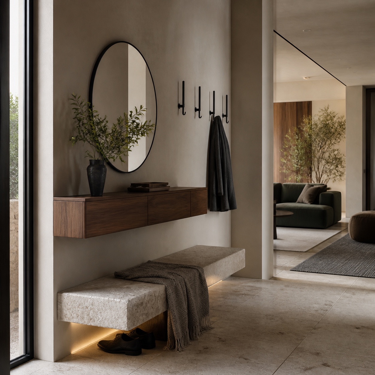 Minimal new-home entryway with a walnut console, round mirror, stone bench, and hidden shoe storage.