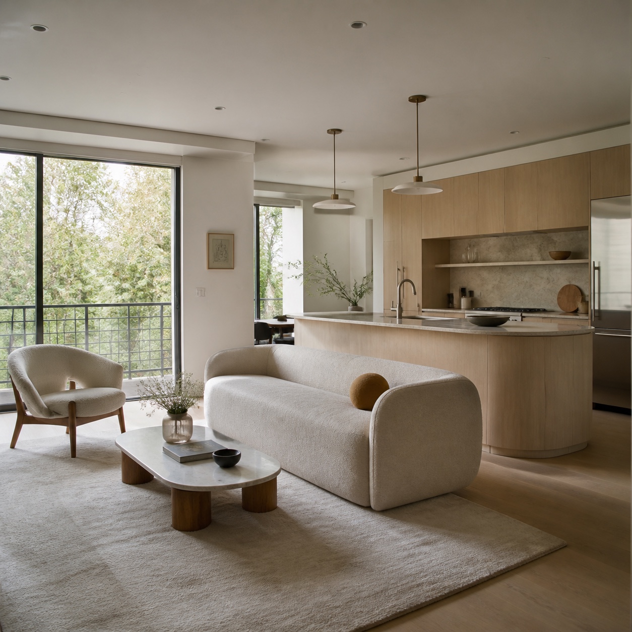 Compact open concept kitchen and living room with a rounded island, sofa zoning, pendant lights, and a wool rug.