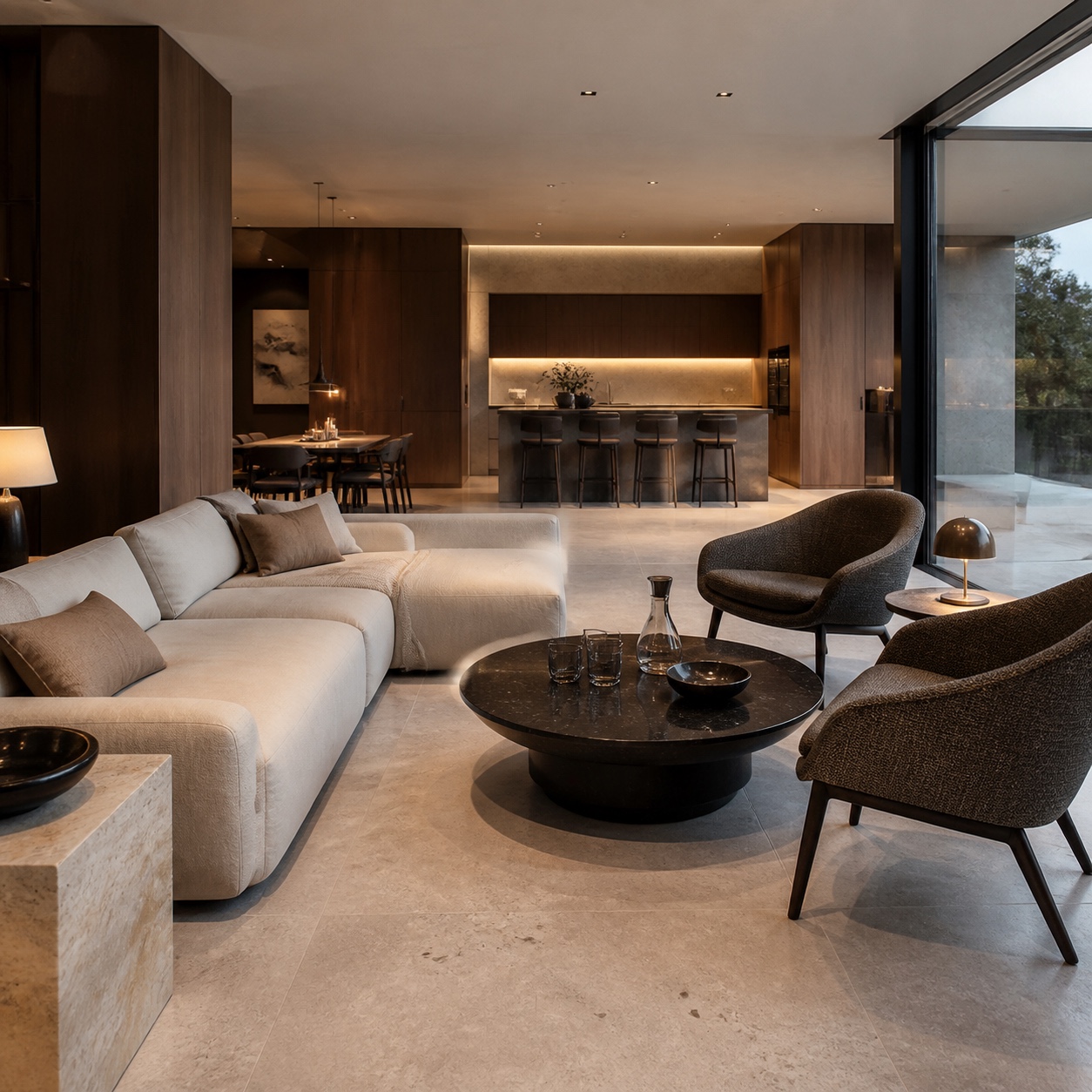 Ultra-modern open-plan living room with cream seating, a black stone coffee table, and kitchen view for entertaining.