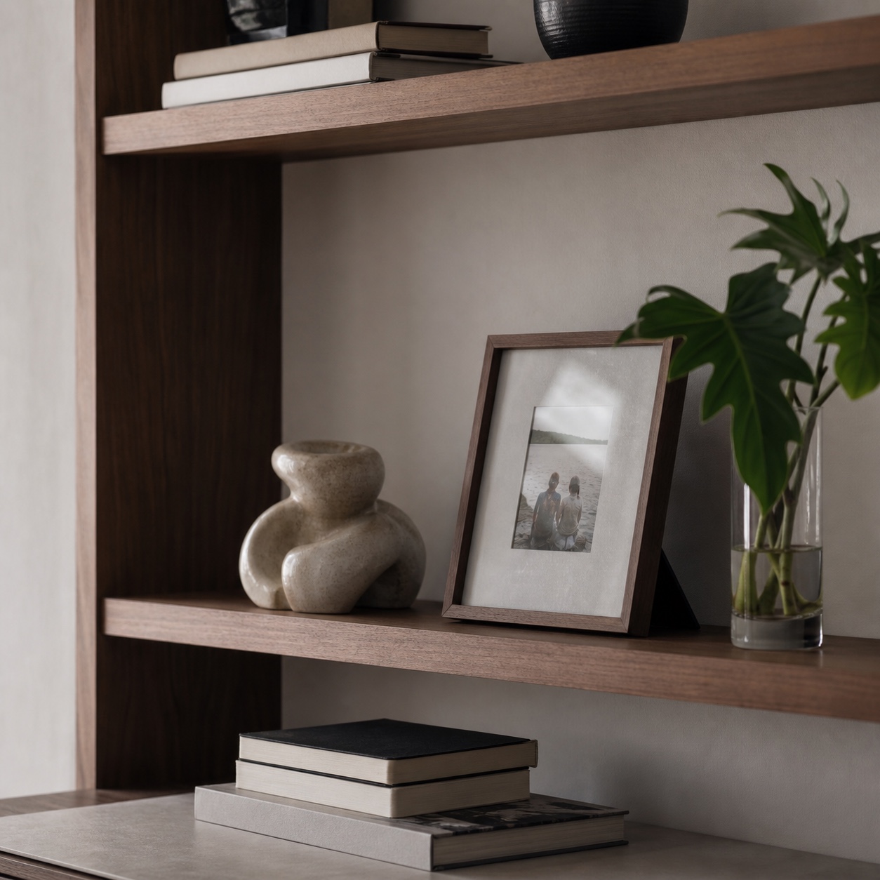 Asymmetrical walnut shelves with design books, a framed photo, ceramic sculpture, and plant cutting in a new home.