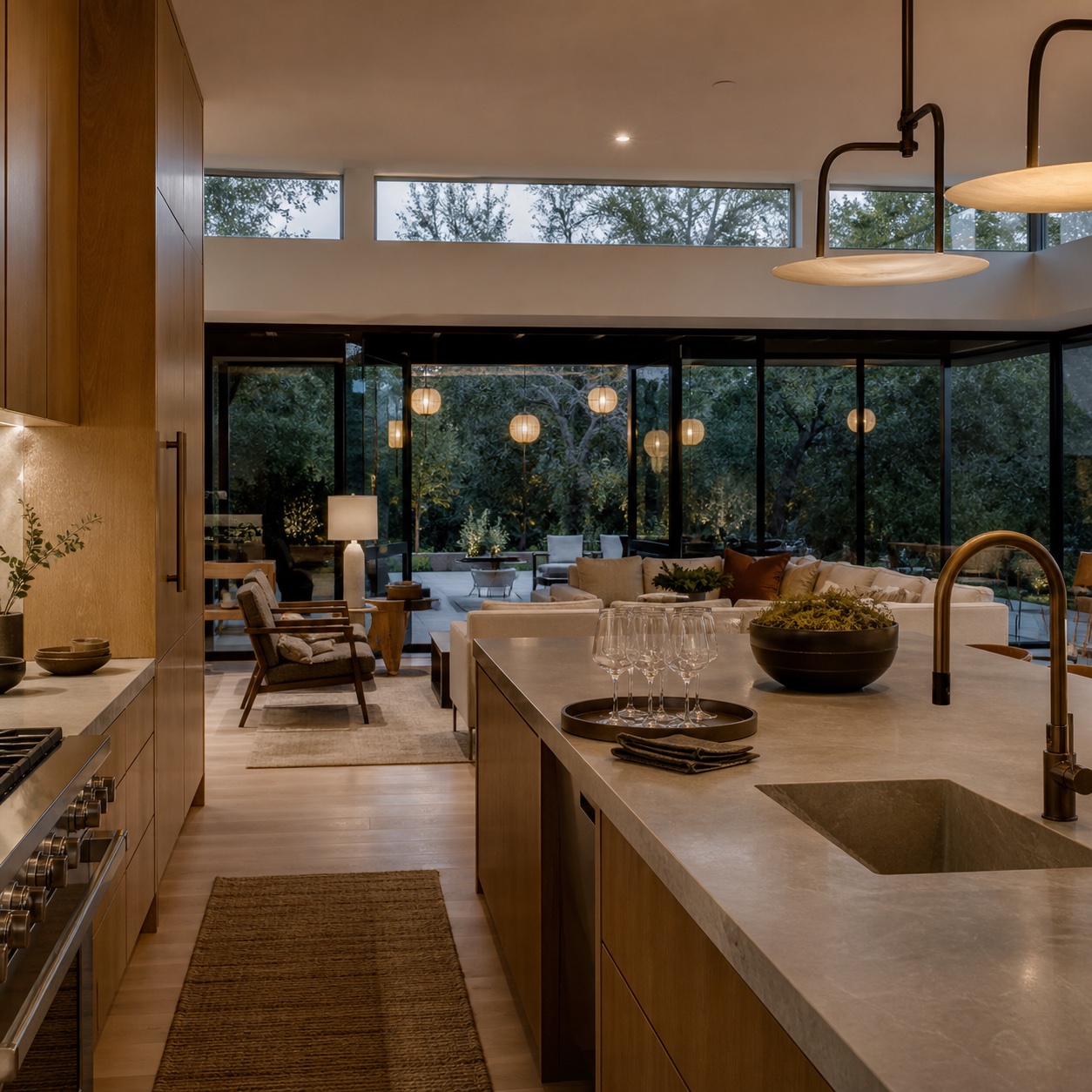 Whole-home entertaining scene from kitchen island to living room and open patio with warm evening lights.