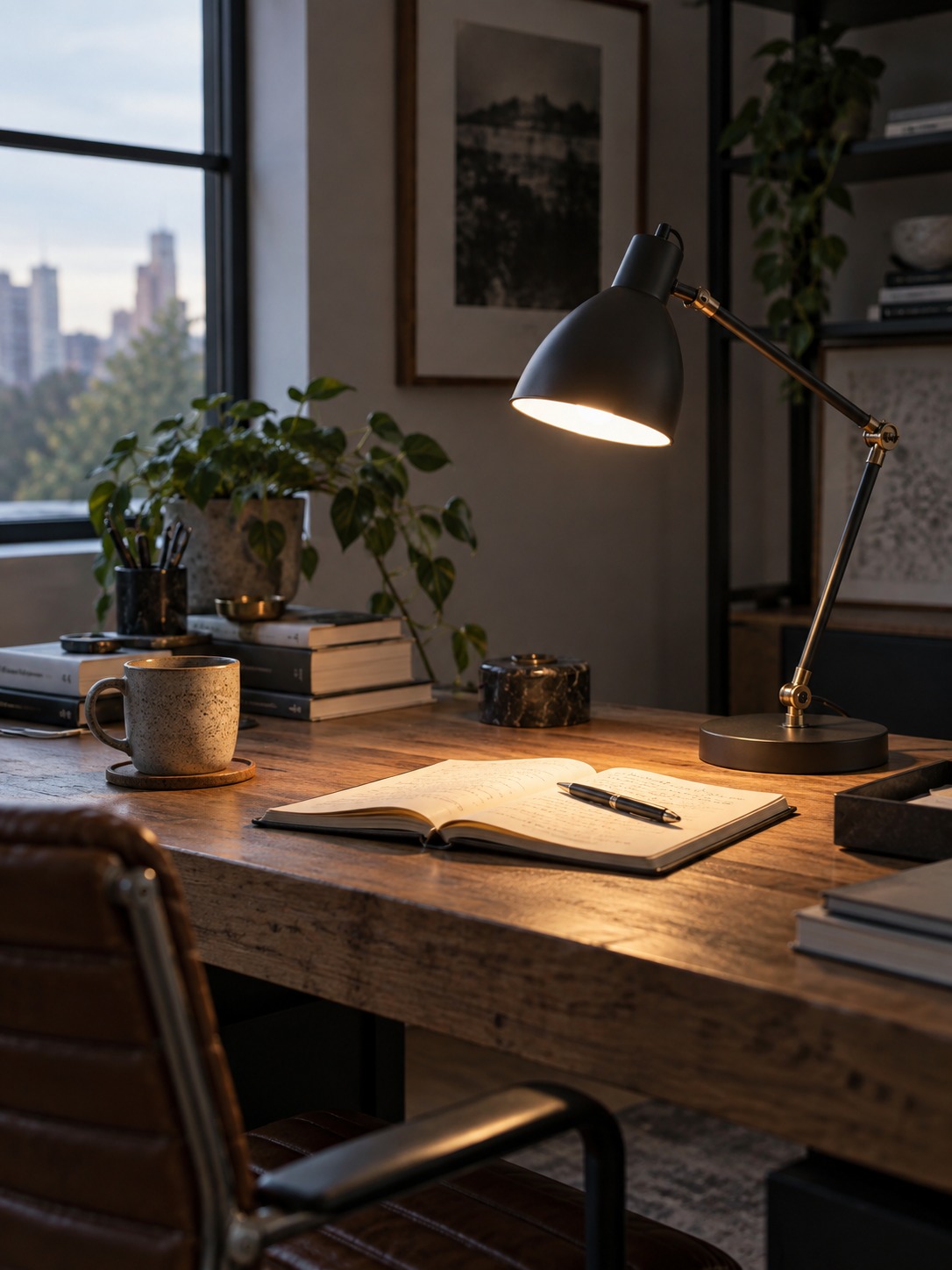 Adjustable task lamp for a home office desk Adjustable black task lamp lighting an open notebook on a home office desk | Sky Rye Design Adjustable black task lamp lighting an open notebook on a home office desk