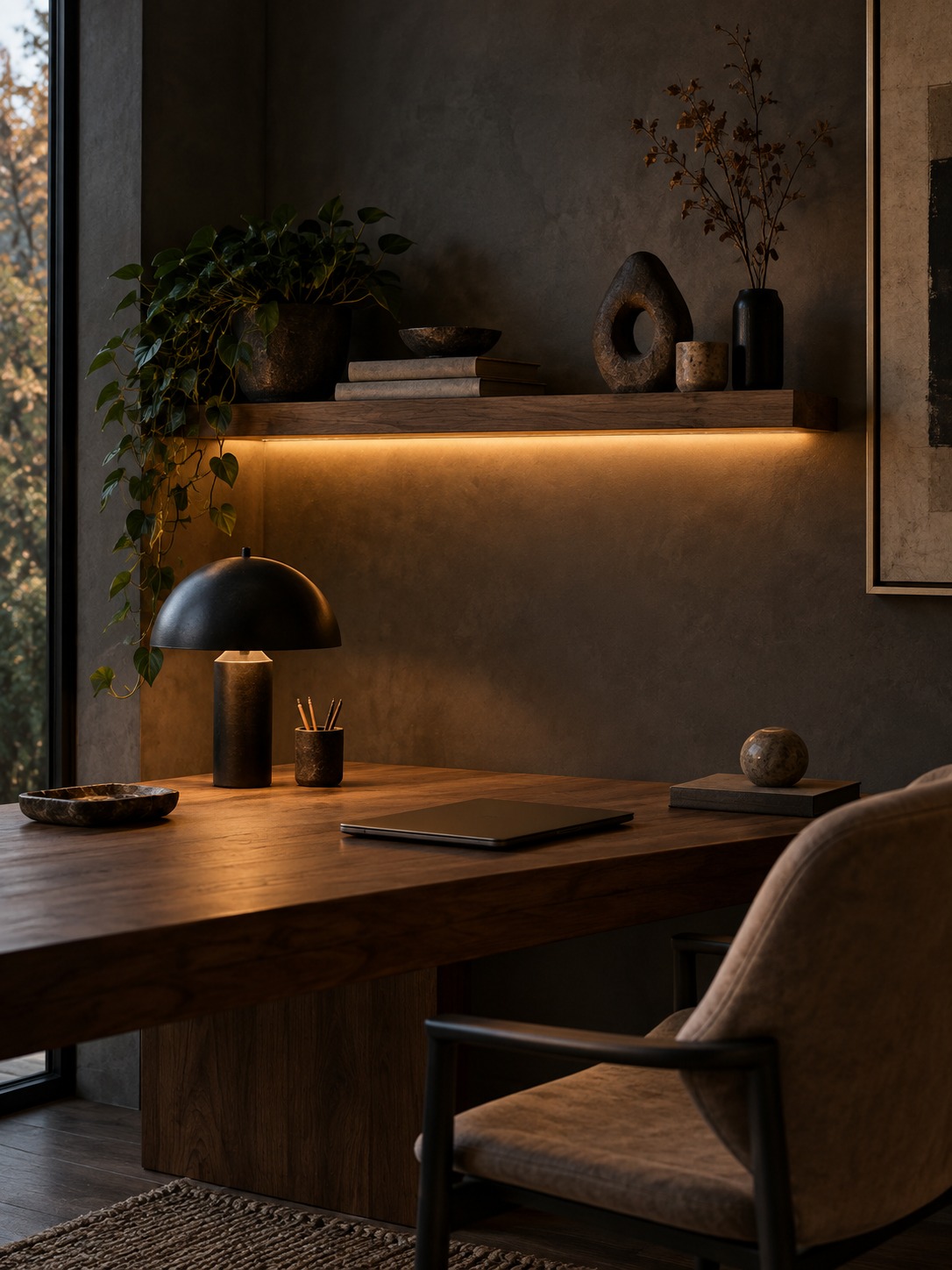 Backlit accent shelf in a home office Backlit floating shelf adding warm accent light to a dark home office wall | Sky Rye Design Backlit floating shelf adding warm accent light to a dark home office wall